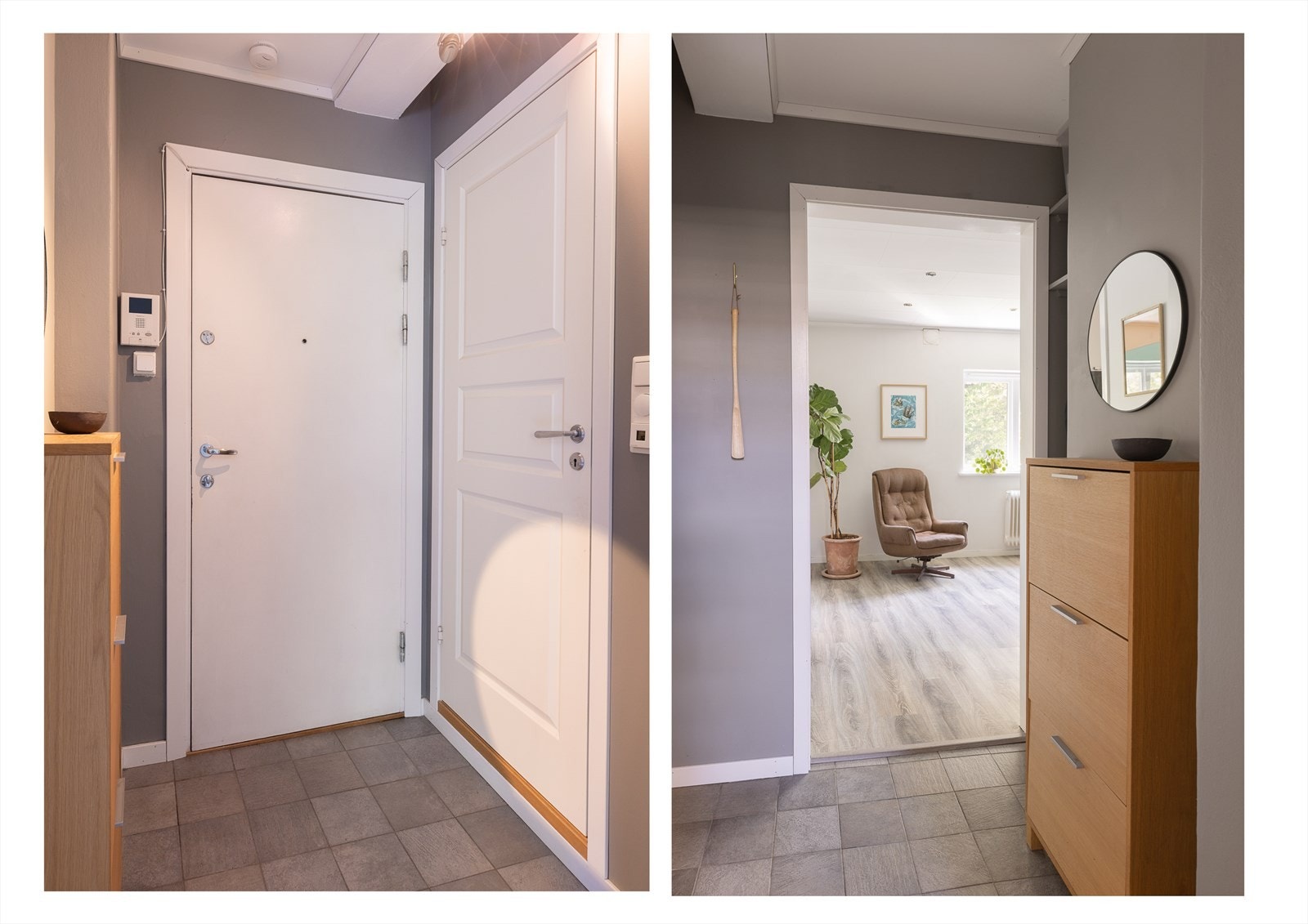 Velkommen inn! Innbydende entrè med oppbevaring av yttertøy og sko. Galleribilde