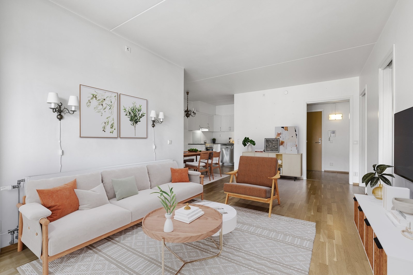 Lys og hyggelig stue med plass til sofagruppe med tilhørende møblement og TV-benk. Bildet er digital stylet. Galleribilde