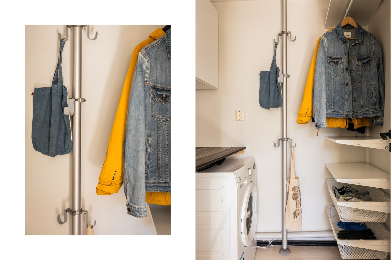 Praktisk garderoberom med oppheng, skapinnredning, benkeplate og opplegg for vaskemaskin. Galleribilde