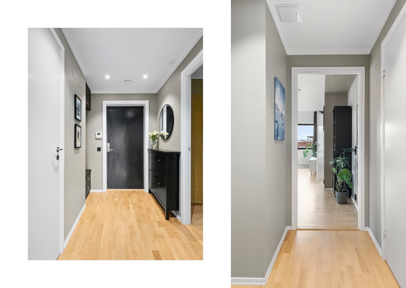 Entreen er langstrakt med god plass til ytterbekledningen. Det ble etablert downlights i himlingen i 2019. Galleribilde