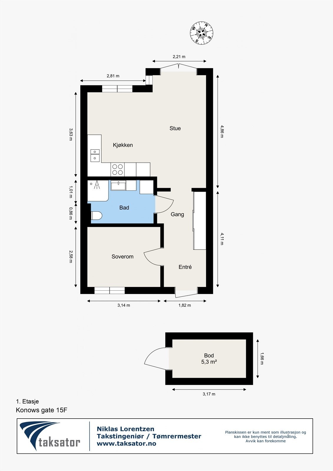 Praktisk planløsning med ett soverom og egen bod. Galleribilde