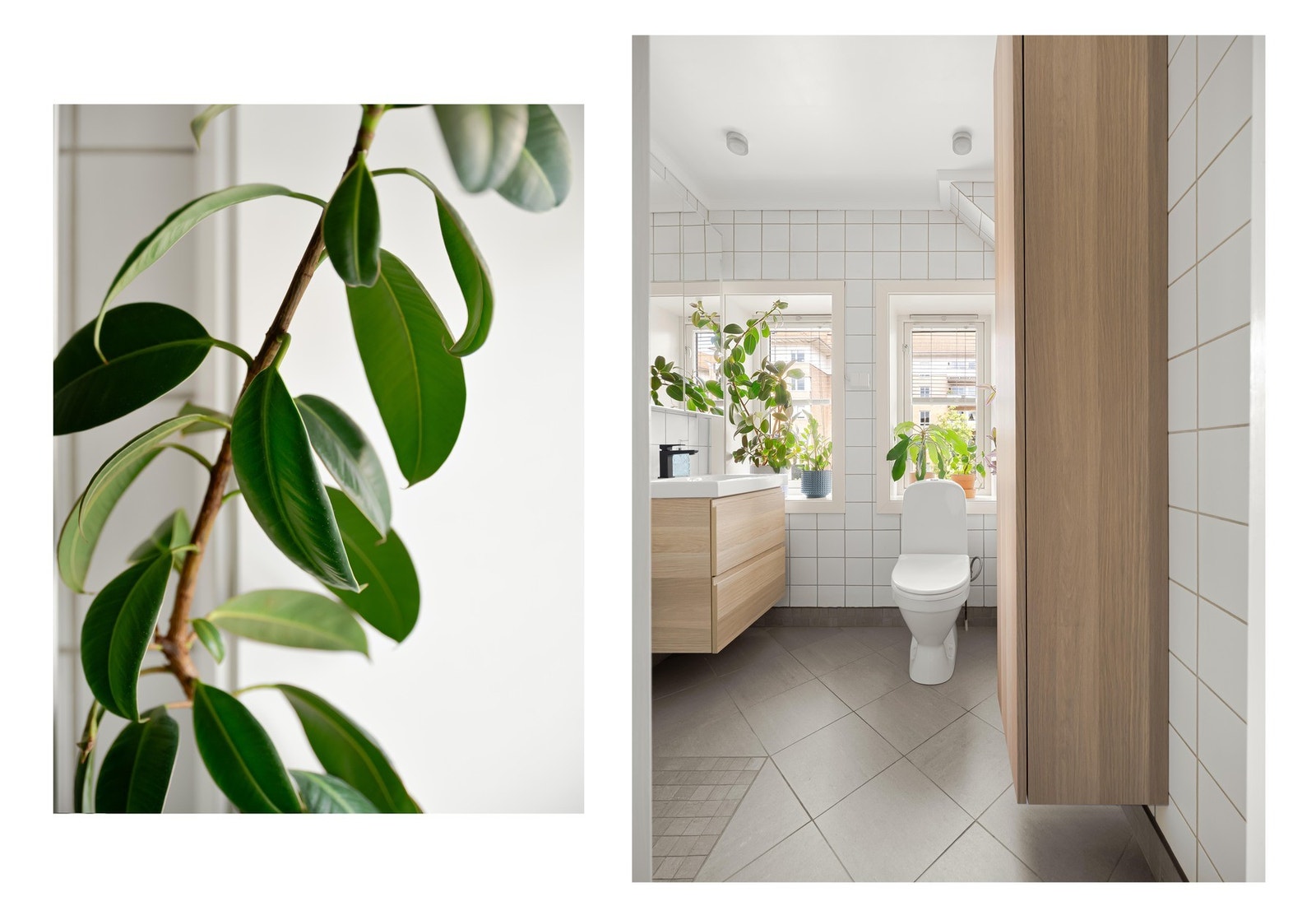 Badet er pent flislagt og innredet med dusjsone med innfellbare glassdører, toalett, servant- og høyskap for god lagringsplass og speilskap på vegg. Galleribilde