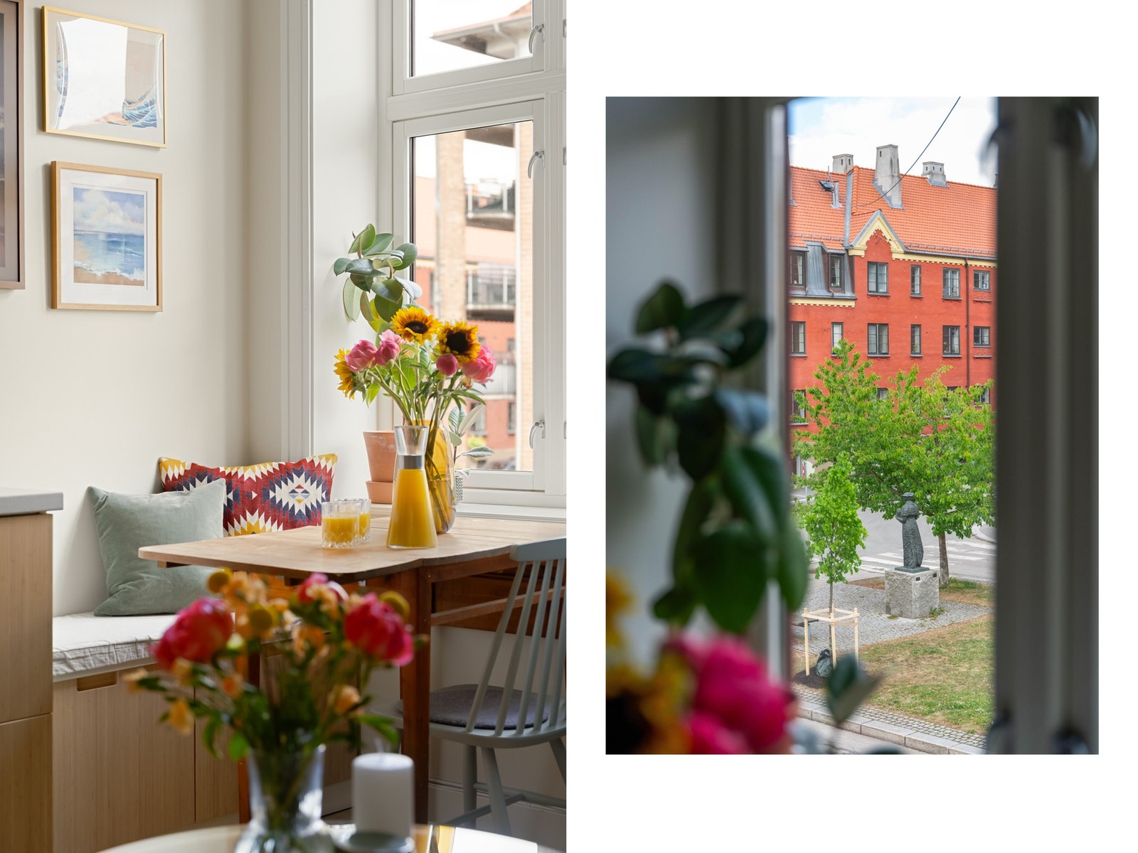 Ved vinduet er det en plassbygget sittebenk med oppbevaring under. Fra leiligheten er det hyggelig utsyn mot Hønse-Løvisas plass. Galleribilde