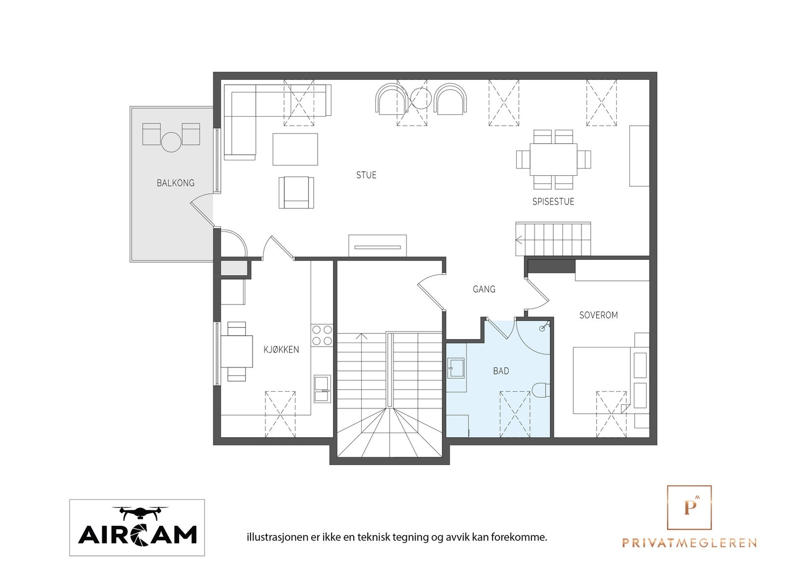 Planløsning 3. etasje. Stuen er stor og på original tegning er det inndelt i soverom der spisestuen er i dag. Galleribilde