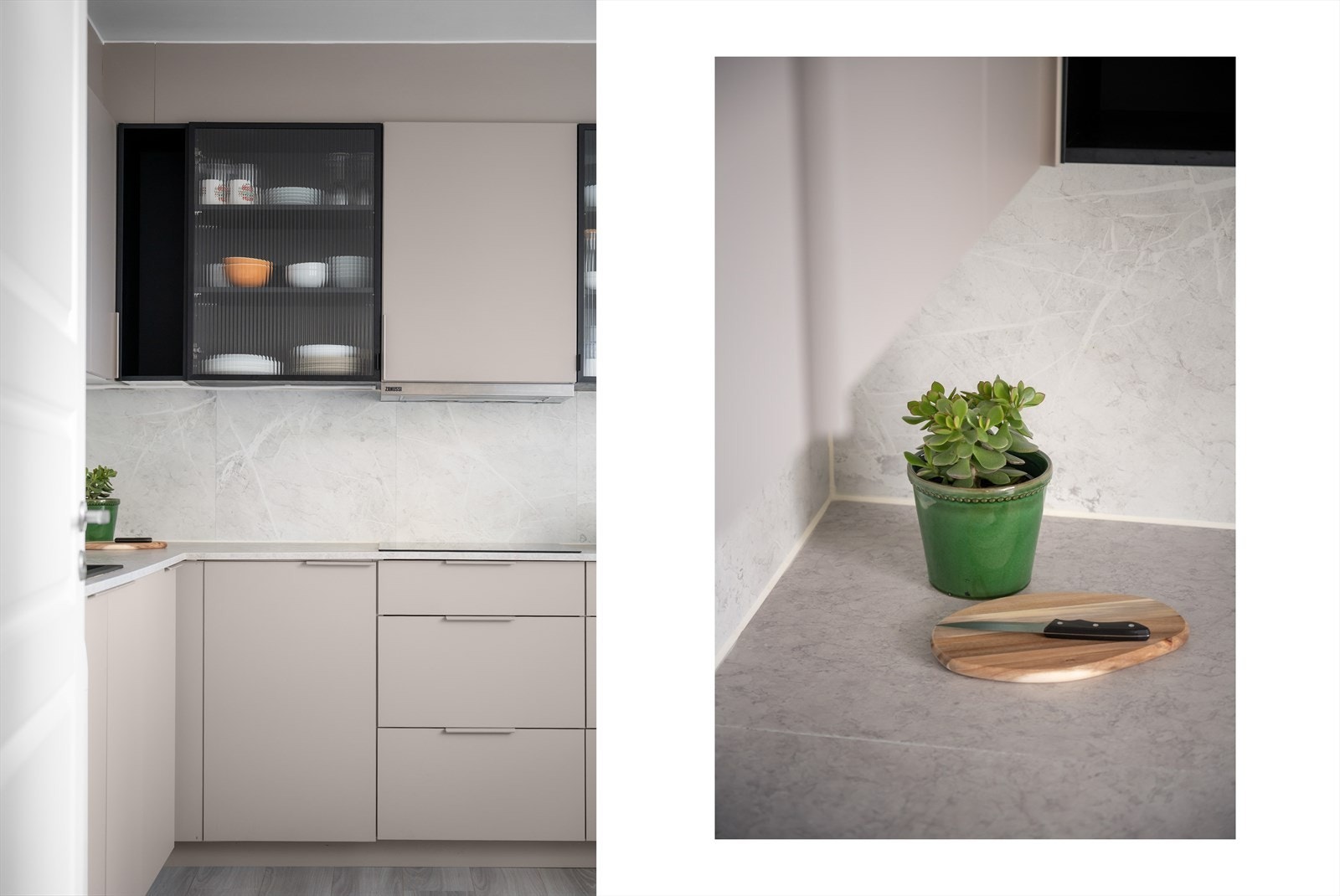 Innredningen består av lyse glatte fronter, laminat benkeplate, nedfelt sort vaskekum og delvis integrerte hvitevarer Galleribilde