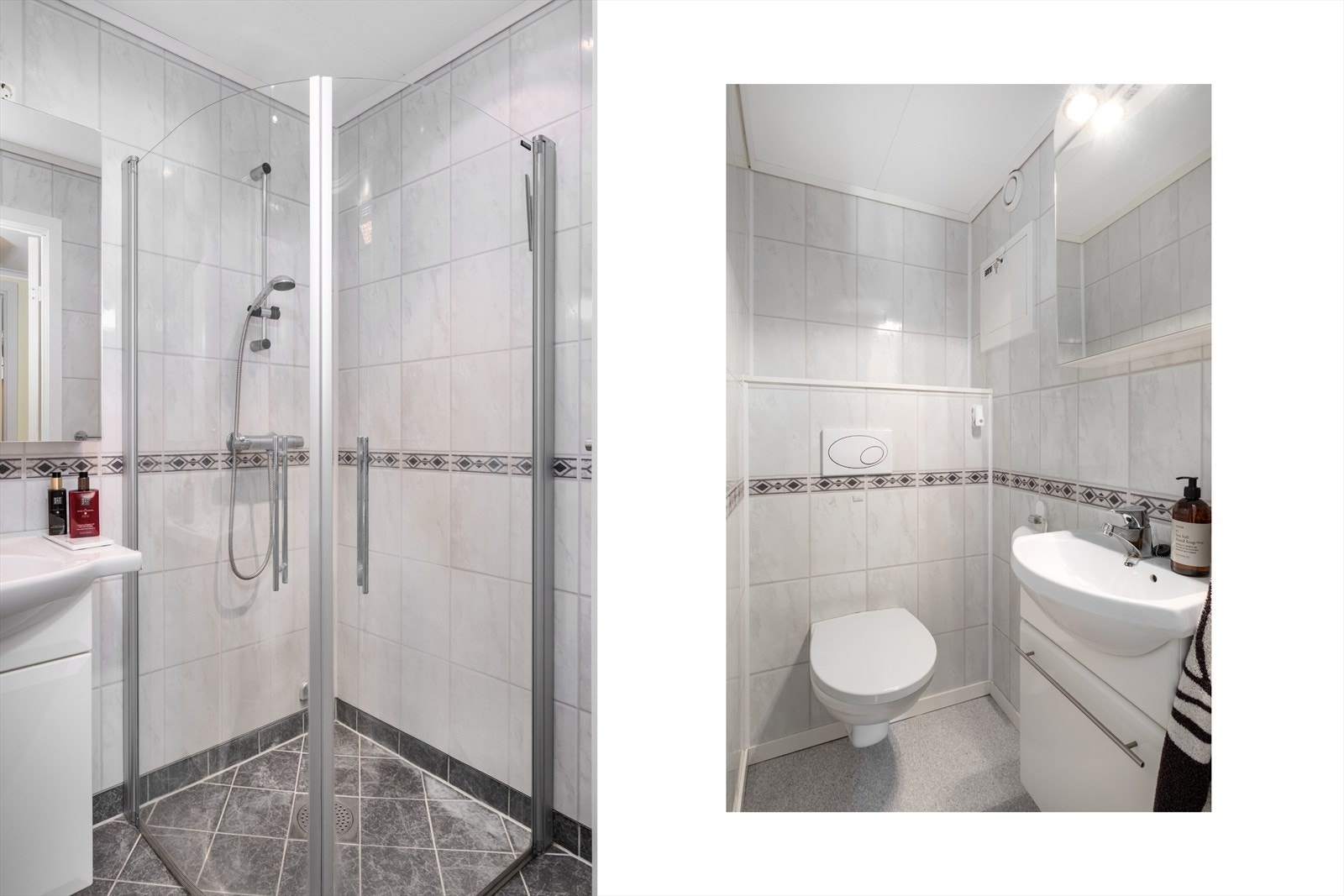 Separat bad og wc. Varme i gulv på bad. Toalettrommet har vegghengt wc. Galleribilde