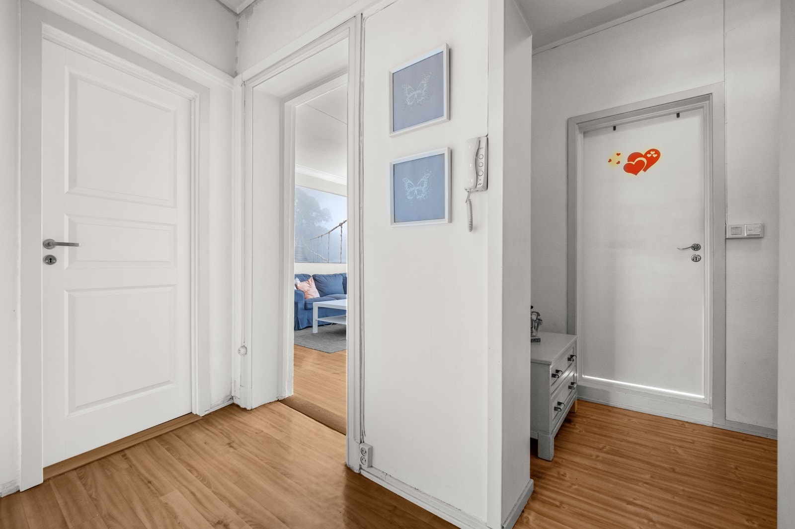 Entreen og gangarealet har gulvbelegg, hvitmalte vegger og hvitmalt himling. Galleribilde