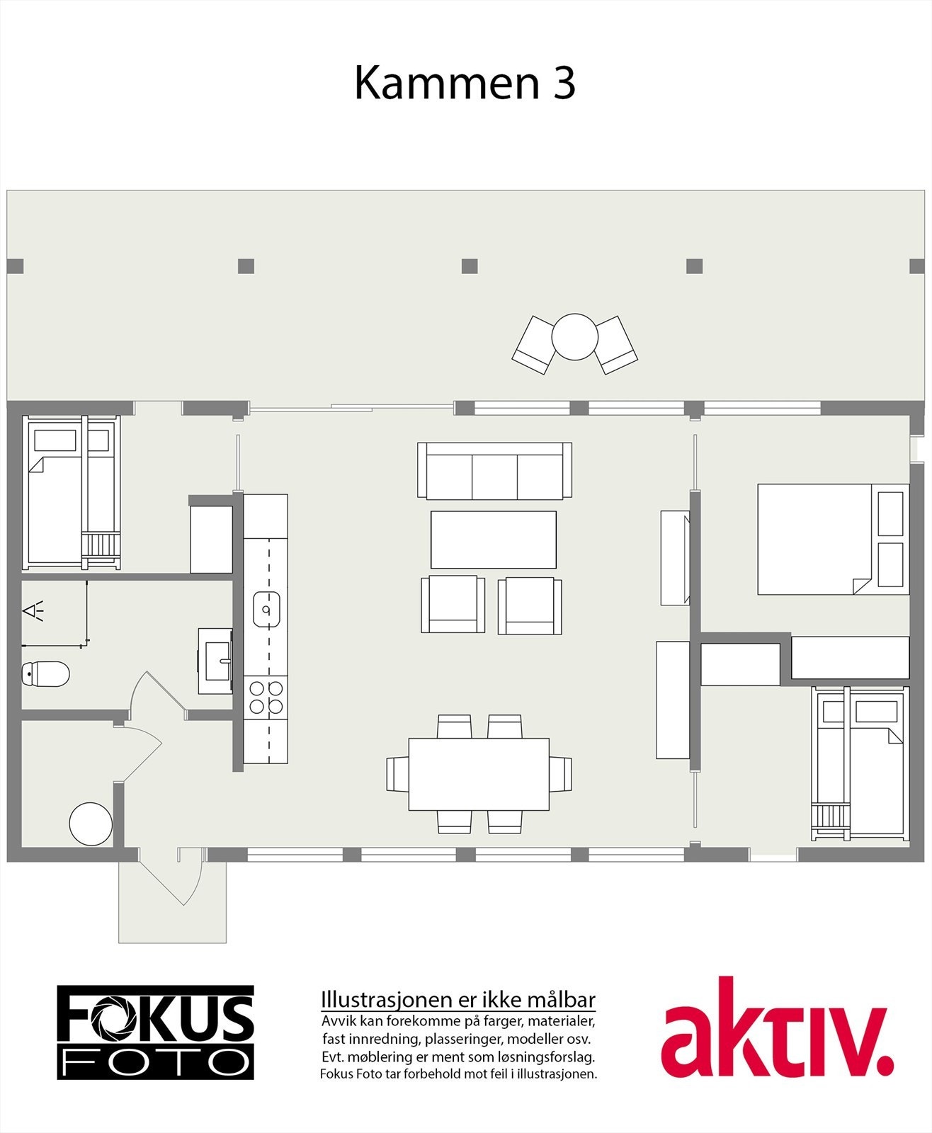Plantegning av hytta. Det er 3 soverom i hytta - ett soverom med familieseng og to soverom med dobbeltsenger (totalt 7 sengeplasser). Galleribilde