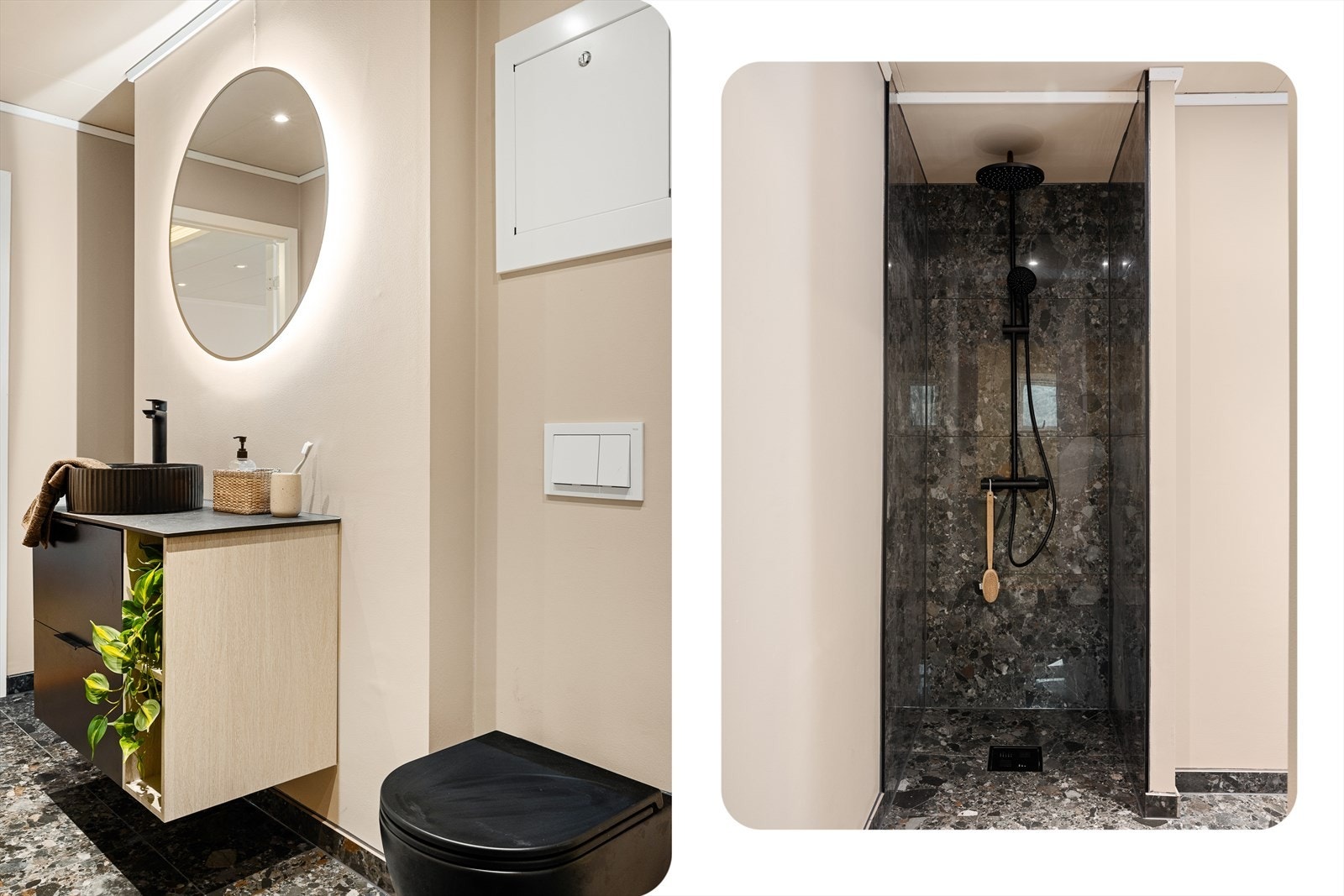 Badet er helfliset og har varme i gulv. Fra badet har man inngang til et separat vaskerom med opplegg til vaskemaskin, ny varmtvannsbereder og oppbevaringsmuligheter. Vaskerommet er oppgradert i 2025. Galleribilde