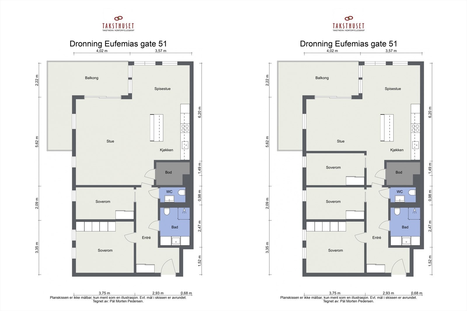 Dagens planløsning til venstre og alternativ planløsning til høyre (kun ment som illustrasjon) Galleribilde