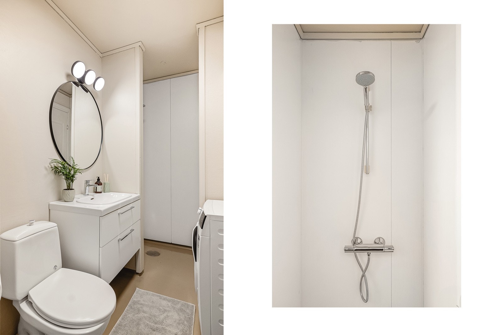 Badet er utstyrt med et nytt baderomsmøbel med skuffer fra 2023, dusj og toalett, og det er også tilkoblingsmuligheter for en vaskemaskin Galleribilde