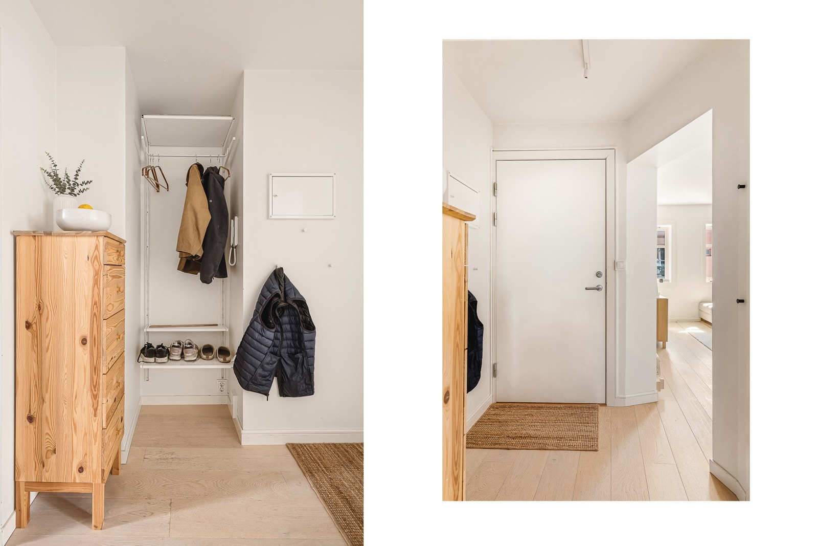 En romslig entré ønsker deg velkommen. Her finner du god plass til å henge fra deg yttertøyet, og fra entréen har du enkel tilgang til stue, kjøkken og soverom. Galleribilde