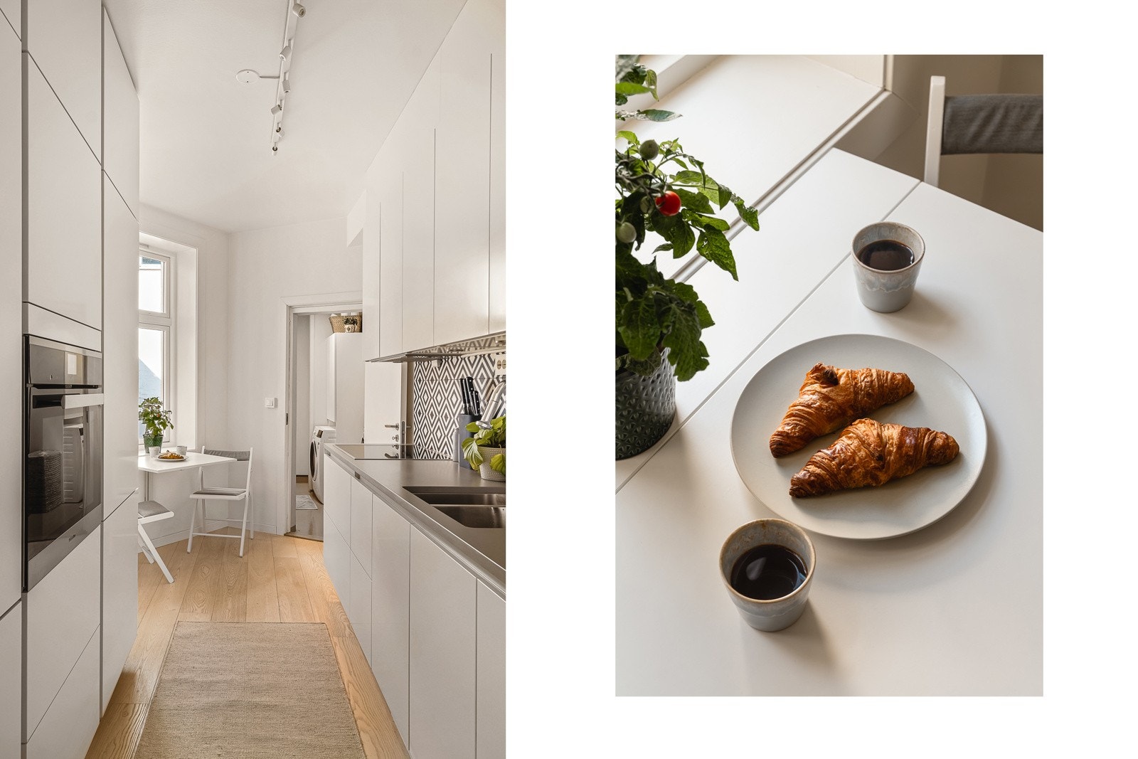 Kjøkkenet er fullt utstyrt med integrerte hvitevarer fra Miele, inkludert en induksjonstopp, stekeovn, oppvaskmaskin og kombiskap med kjøl og frys. Galleribilde