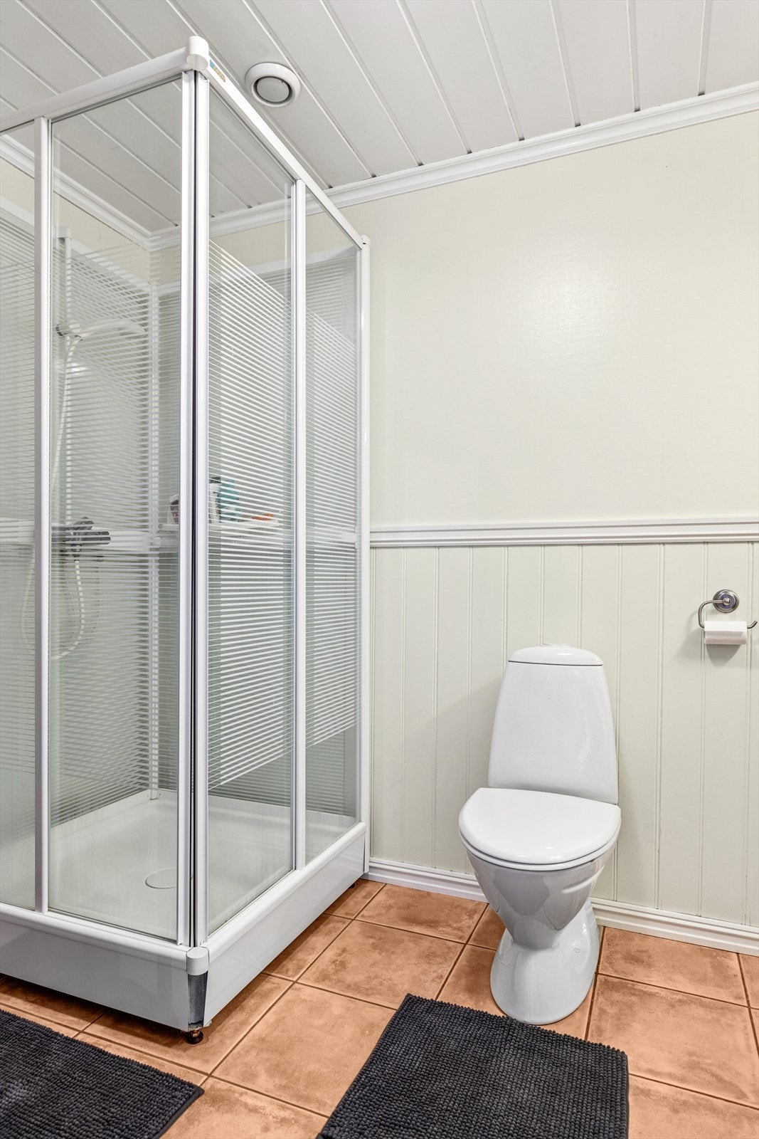 Baderom i underetasje utstyrt med dusjkabinett, toalett og servant. Galleribilde