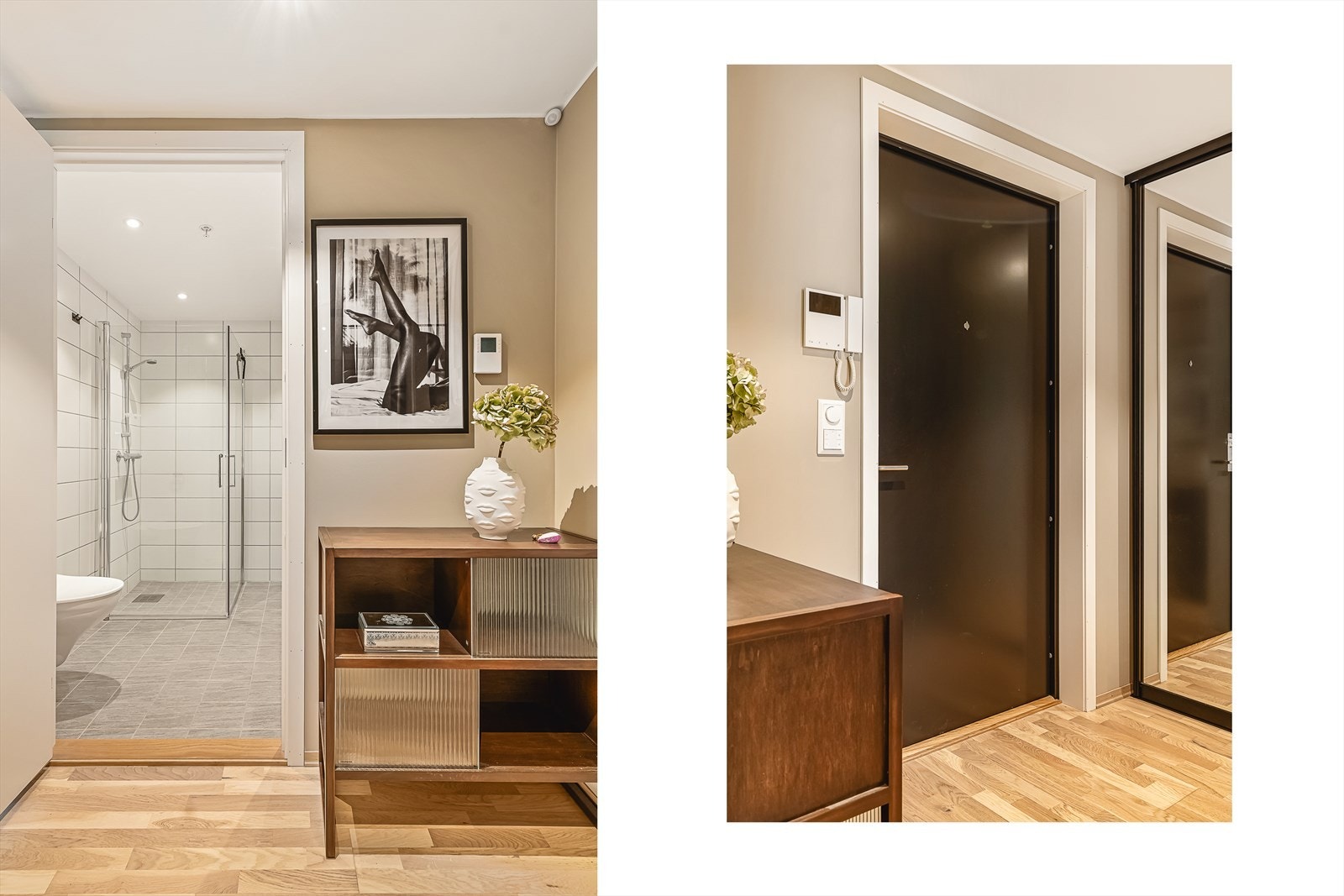 Velkommen inn! I entréen finner man porttelefon med kamera og skyvedørsgarderobe. Galleribilde