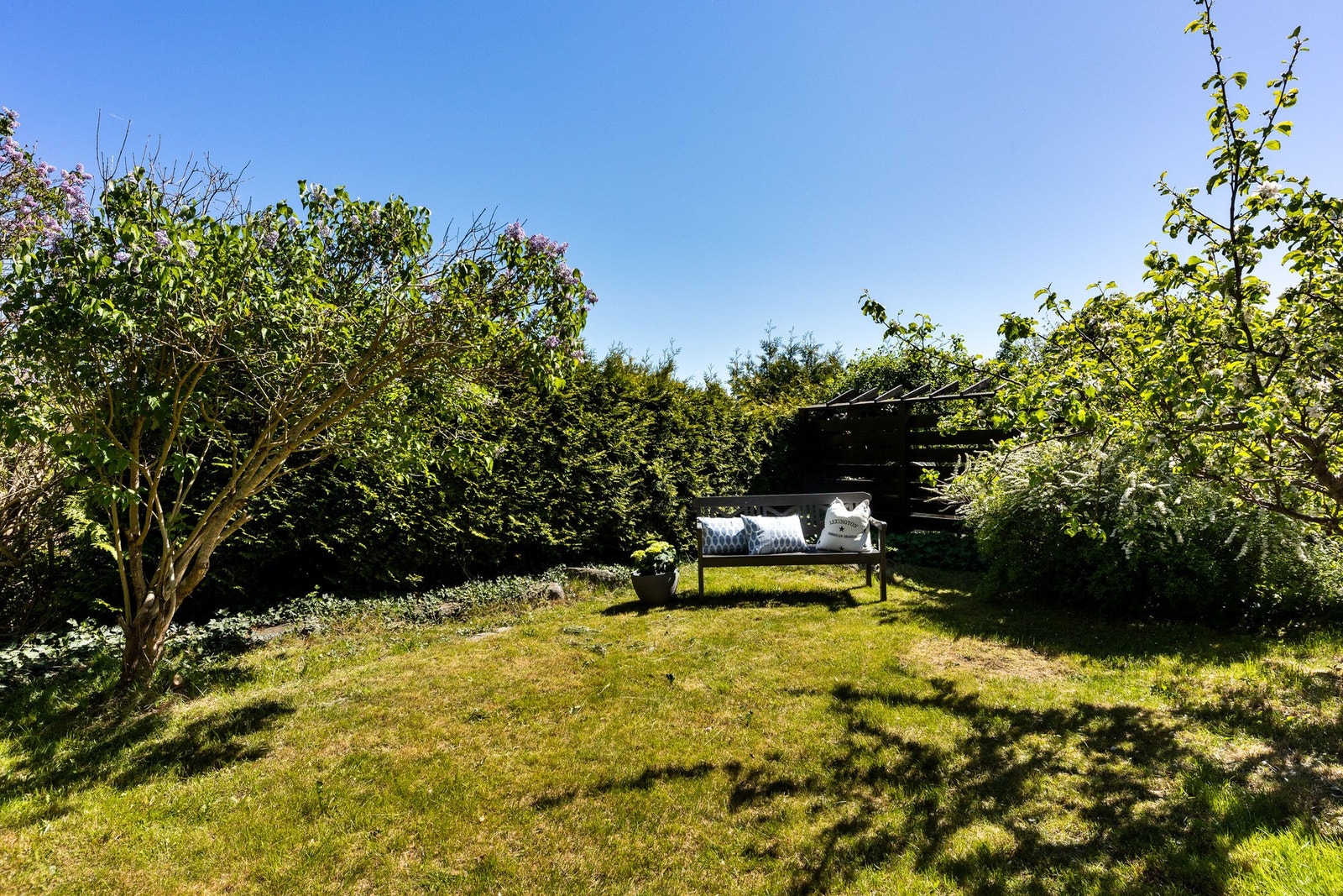 Hagen er pent opparbeidet og frodig med frukttrær og beplantning. Galleribilde