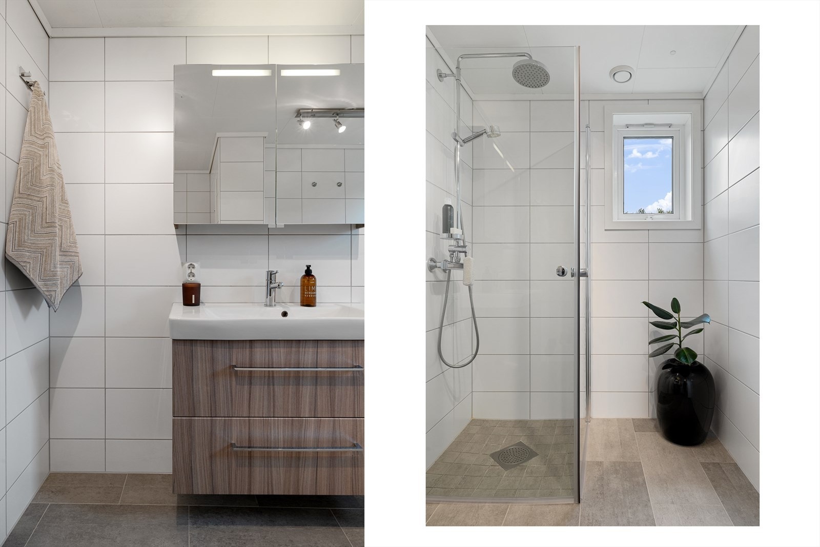 Badet inneholder for øvrig en standard baderomsinnredning med dusjhjørne, veggtoalett og baderomsinnredning med heldekkende servant, samt speil og belysning. Galleribilde