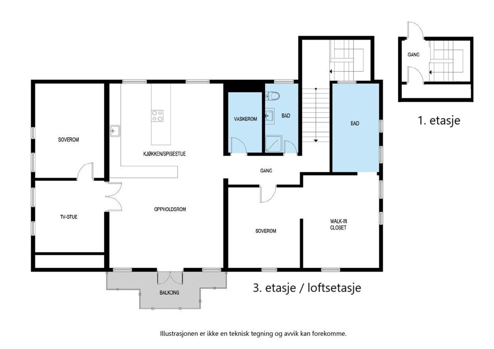 Leiligheten dekker hele loftsetasjen og har egen inngang i 1. etasje Galleribilde