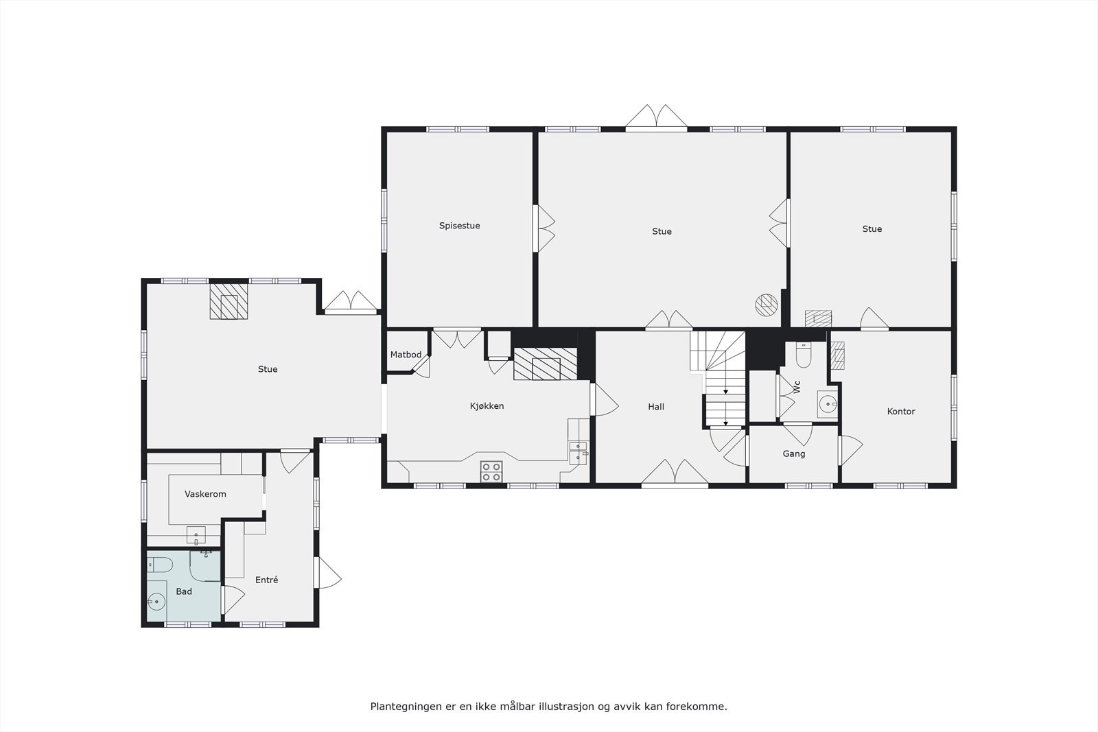Plantegning hovedhus, 1 etasje. Tilbygg i fra 2008 på ca. 55 kvm. Galleribilde