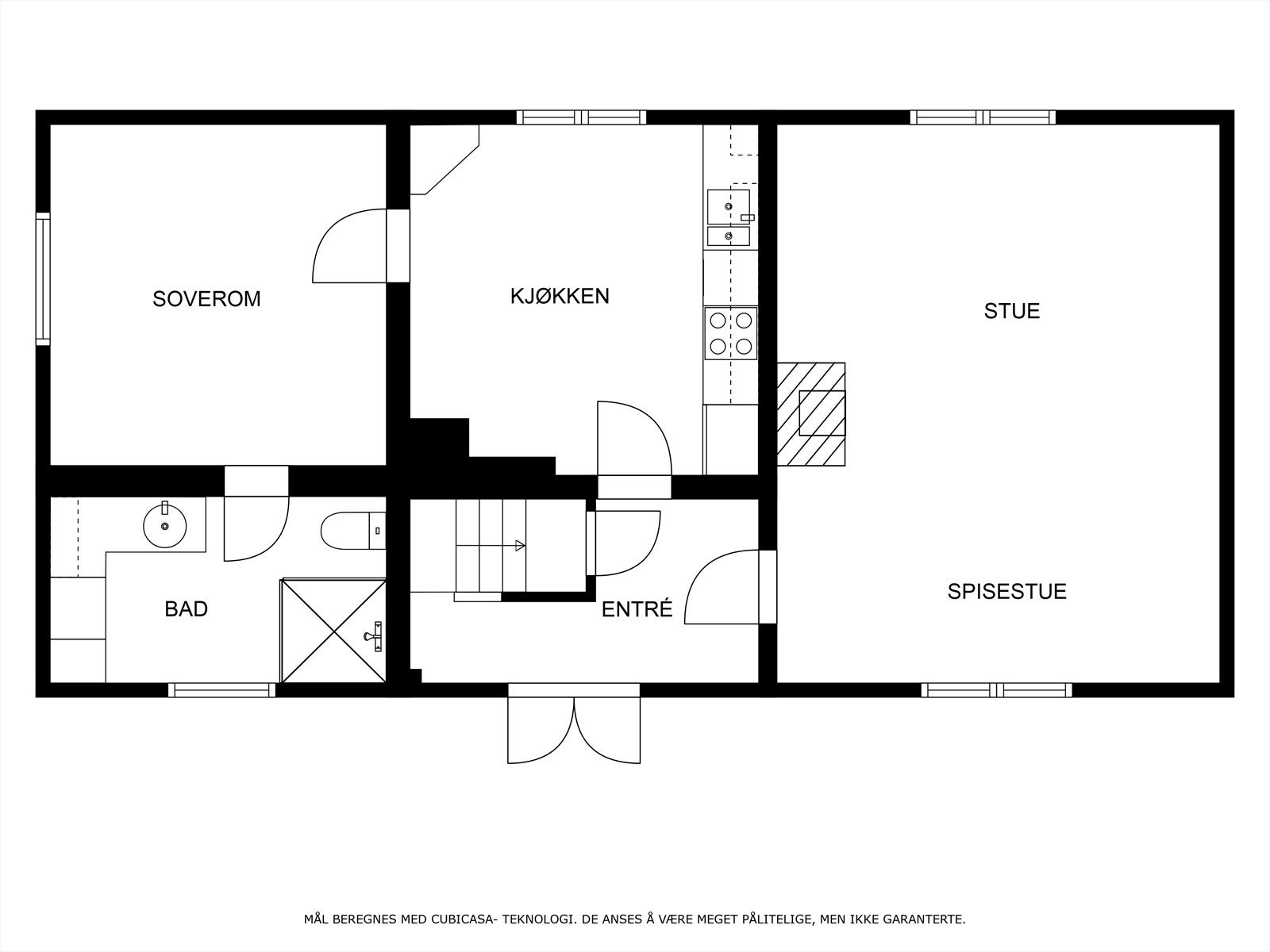 1.etasje i det gule huset inneholder gang, kjøkken, stue, soverom og bad. Galleribilde