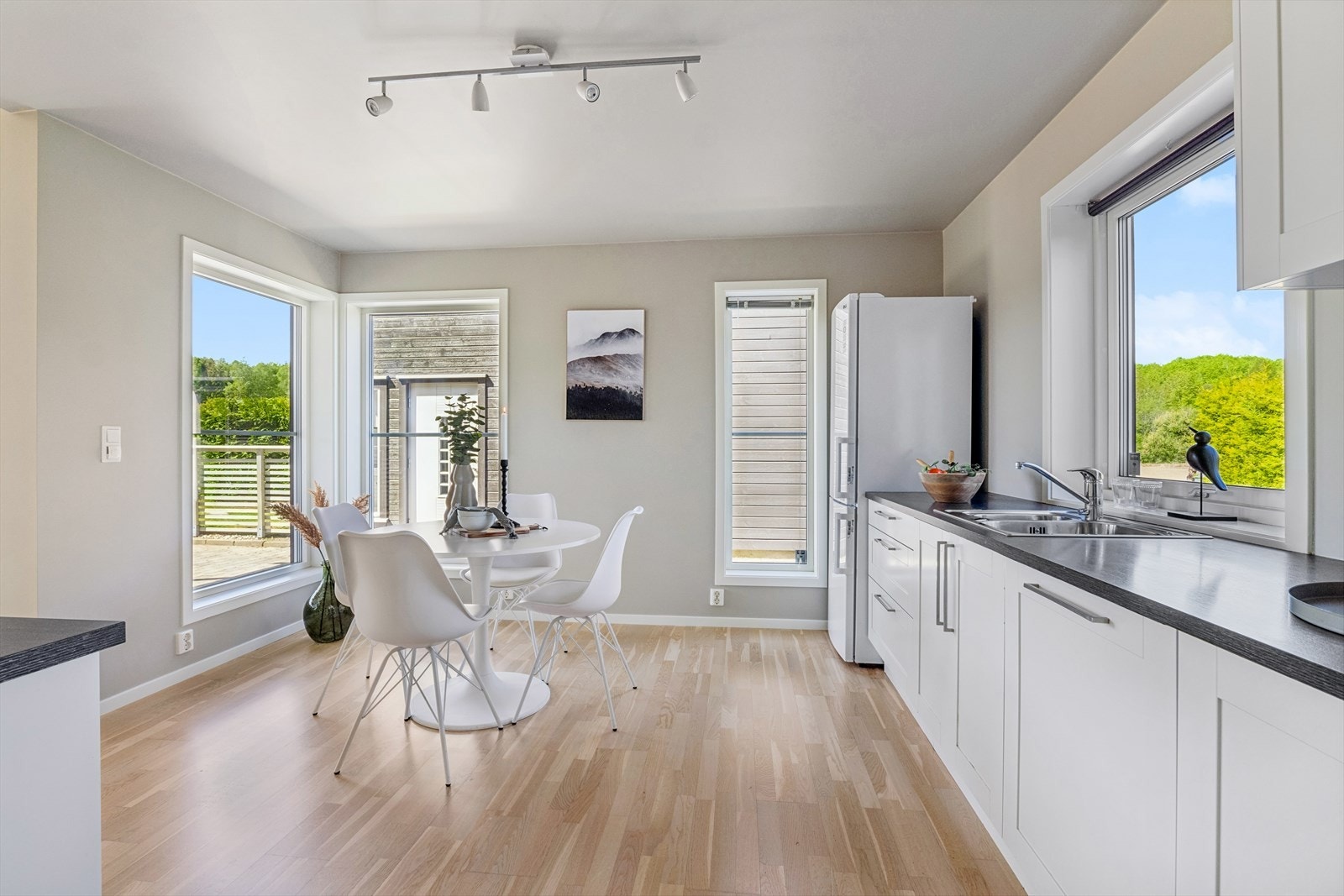 Form hvit, med integrert induksjon platetopp, stekeovn og oppvaskmaskin. Galleribilde