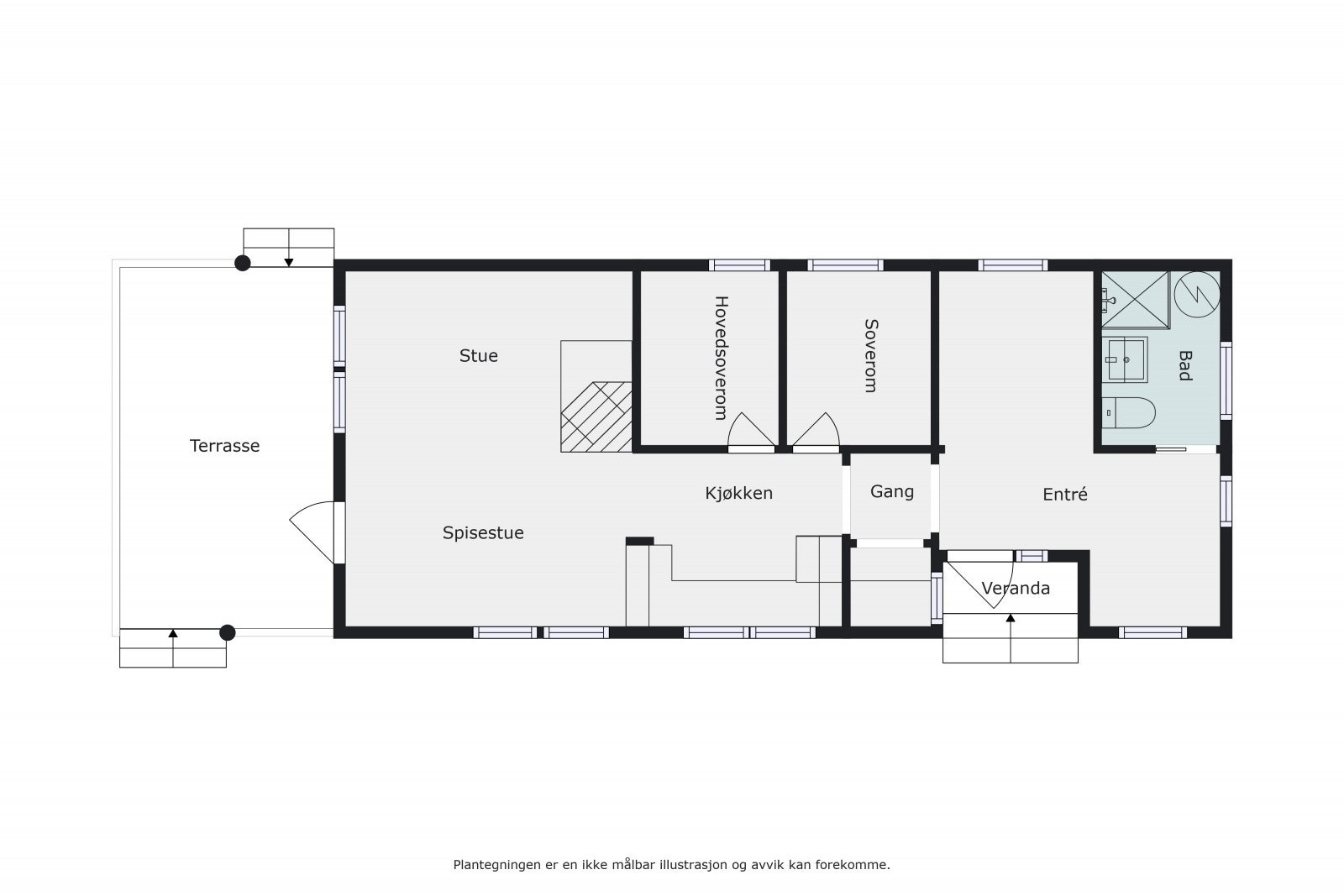 Plantegning. Det er nå tillaget et soverom nr. 3 i gangen. Galleribilde