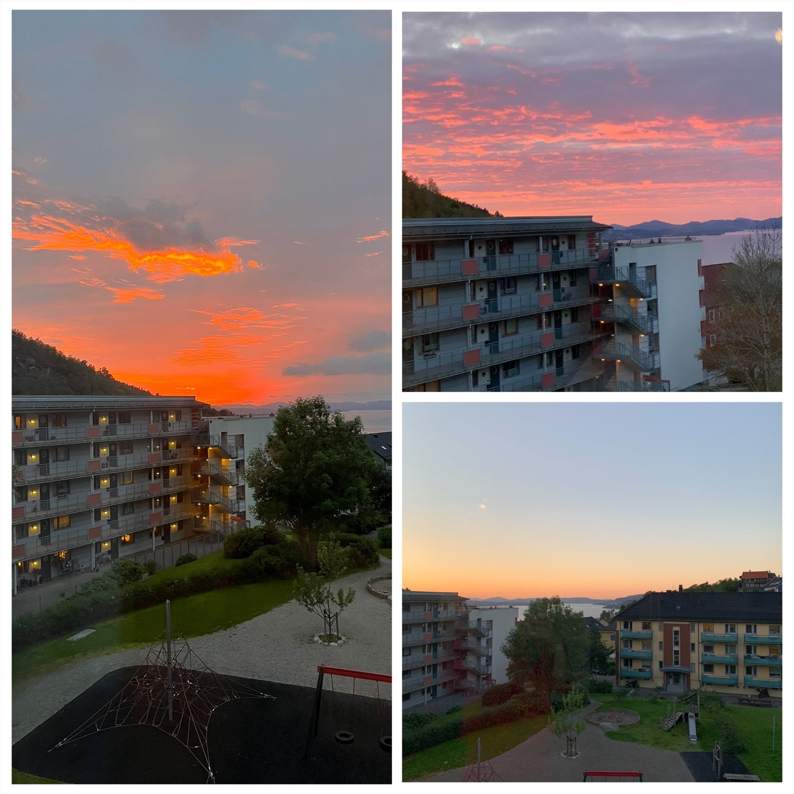 Magisk solnedgang fanget av selger fra stuevinduet. Galleribilde