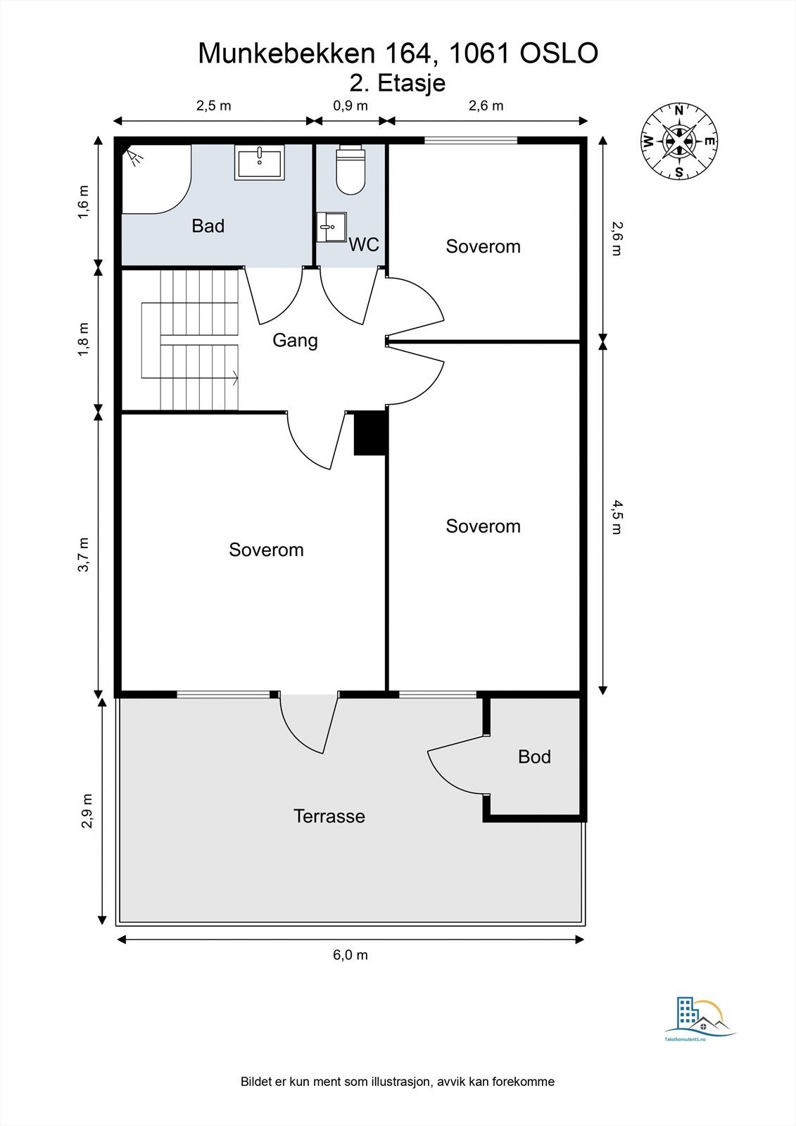 Plantegning- 2. Etasje. Bestpende av bad, wc, tre soverom og en stor terrasse. Galleribilde