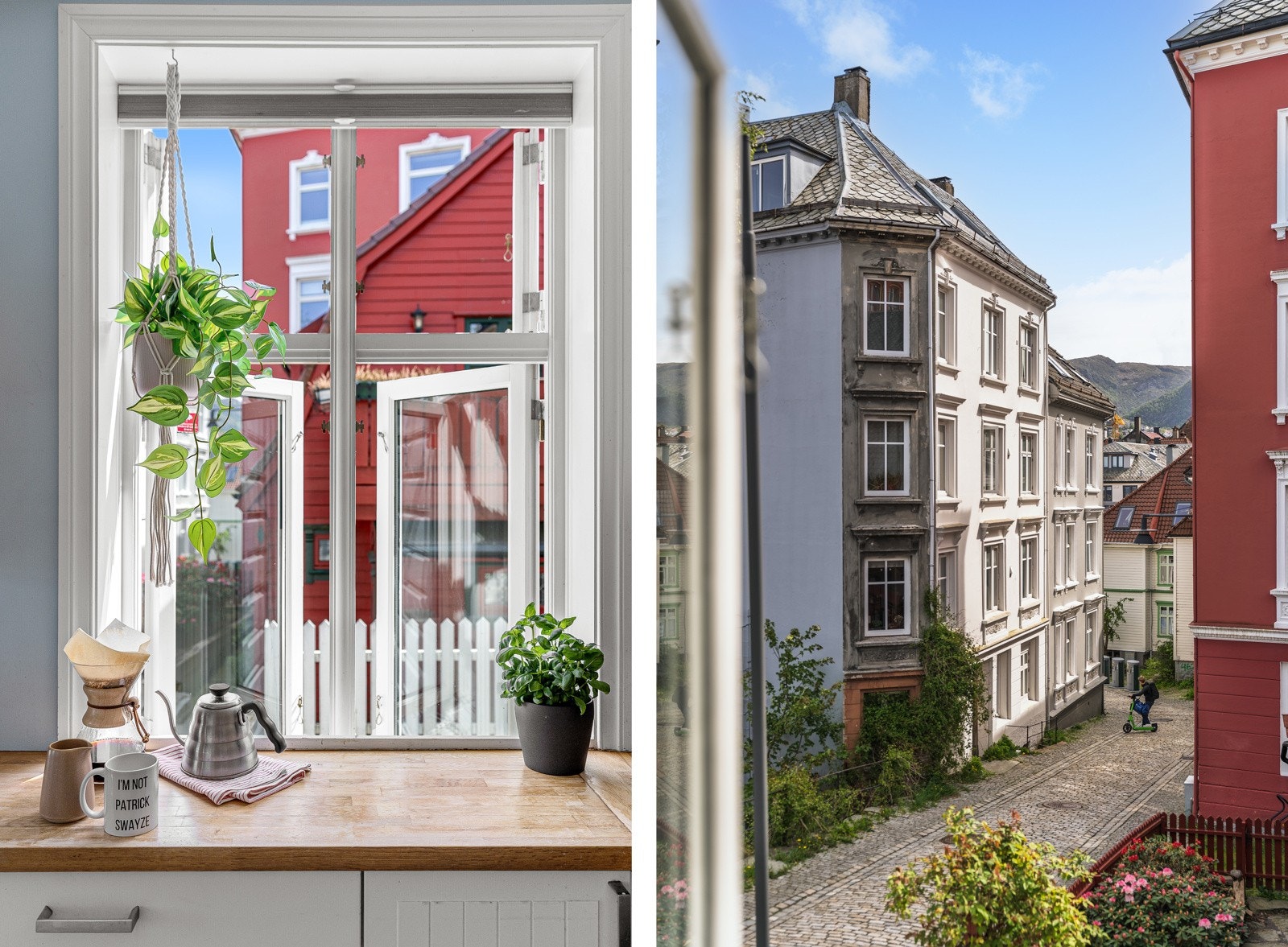 Et stort vindu over kjøkkenbenken slipper inn godt med dagslys. Galleribilde