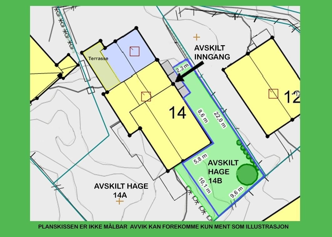 Grøntområdene viser muntlig avtale for separat/privat fordeling av hagen som tilhører til boligen 14B. Illustrasjonen er basert på dokument fra kommune. Galleribilde