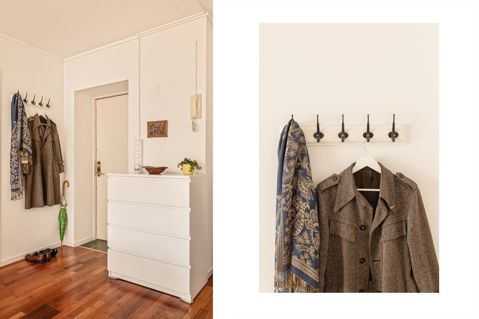 Leiligheten har et lite inngangsparti med plass til oppheng av yttertøy. Dørtelefon med åpner til gatedør. Galleribilde