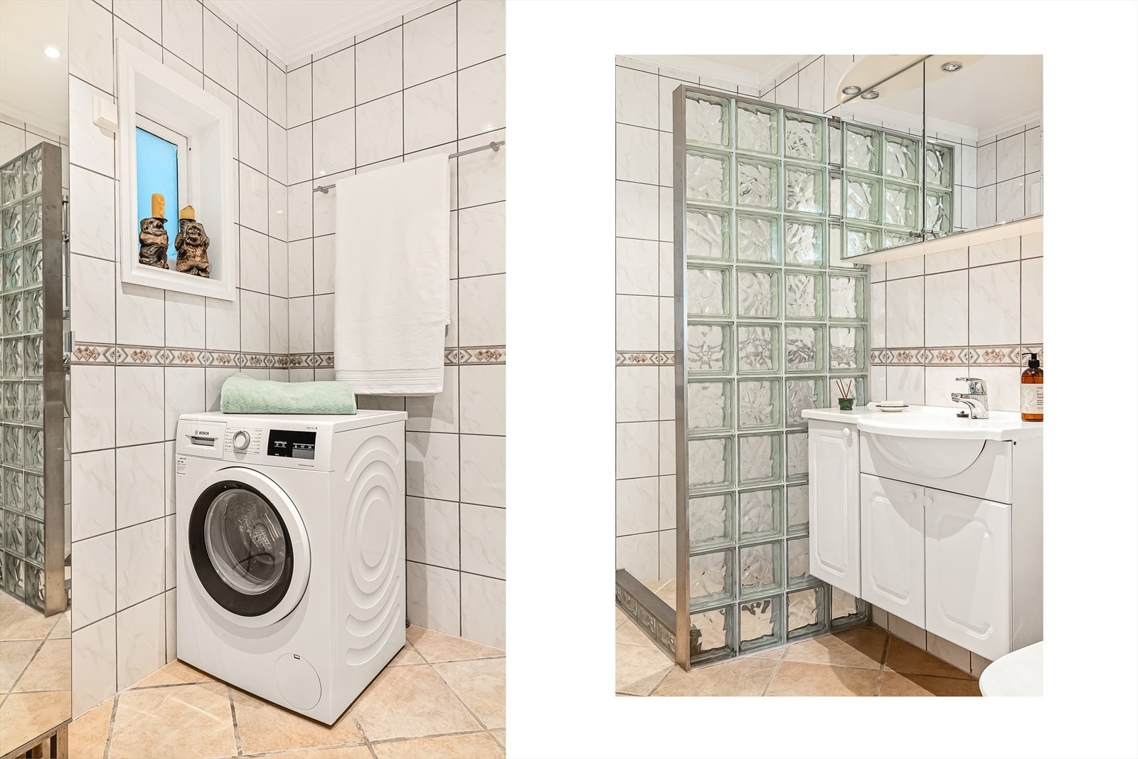 Det er innredet med dusj som har skillevegg i glassbyggerstein, servant i møblement og har opplegg for vaskemaskin. Galleribilde