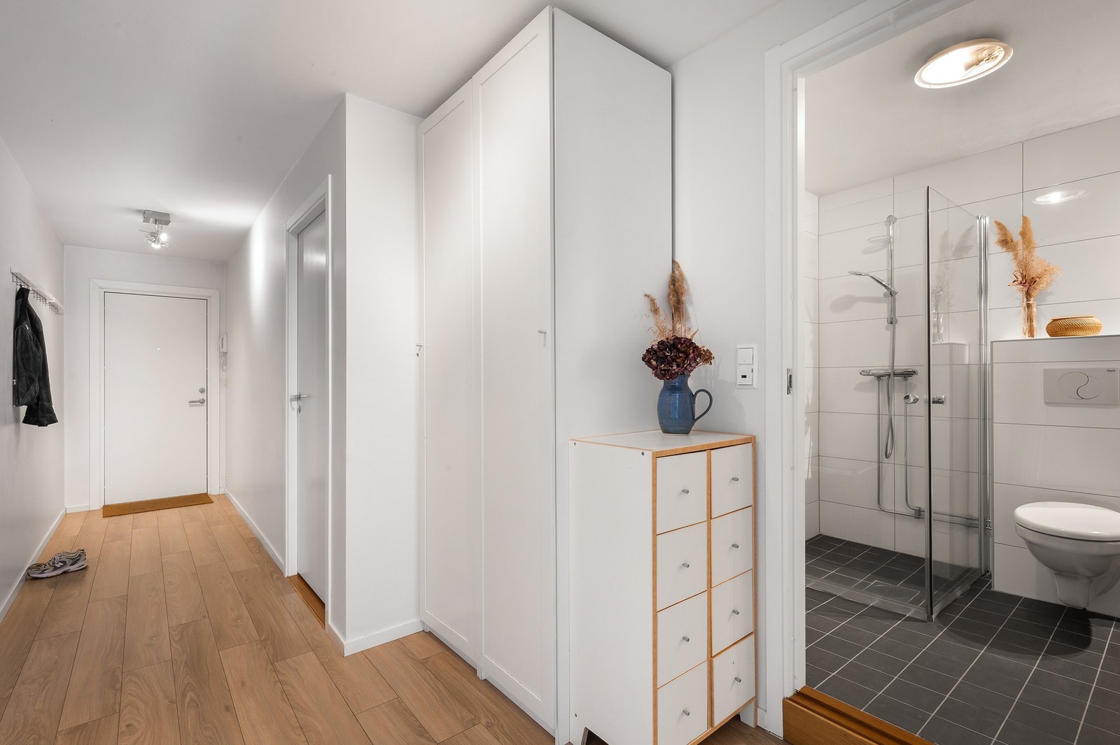 Entré innredet med garderobeskap, plass til oppevaring av yttertøy. Fra entréen er det også adkomst til en praktisk innvendig bod. Galleribilde