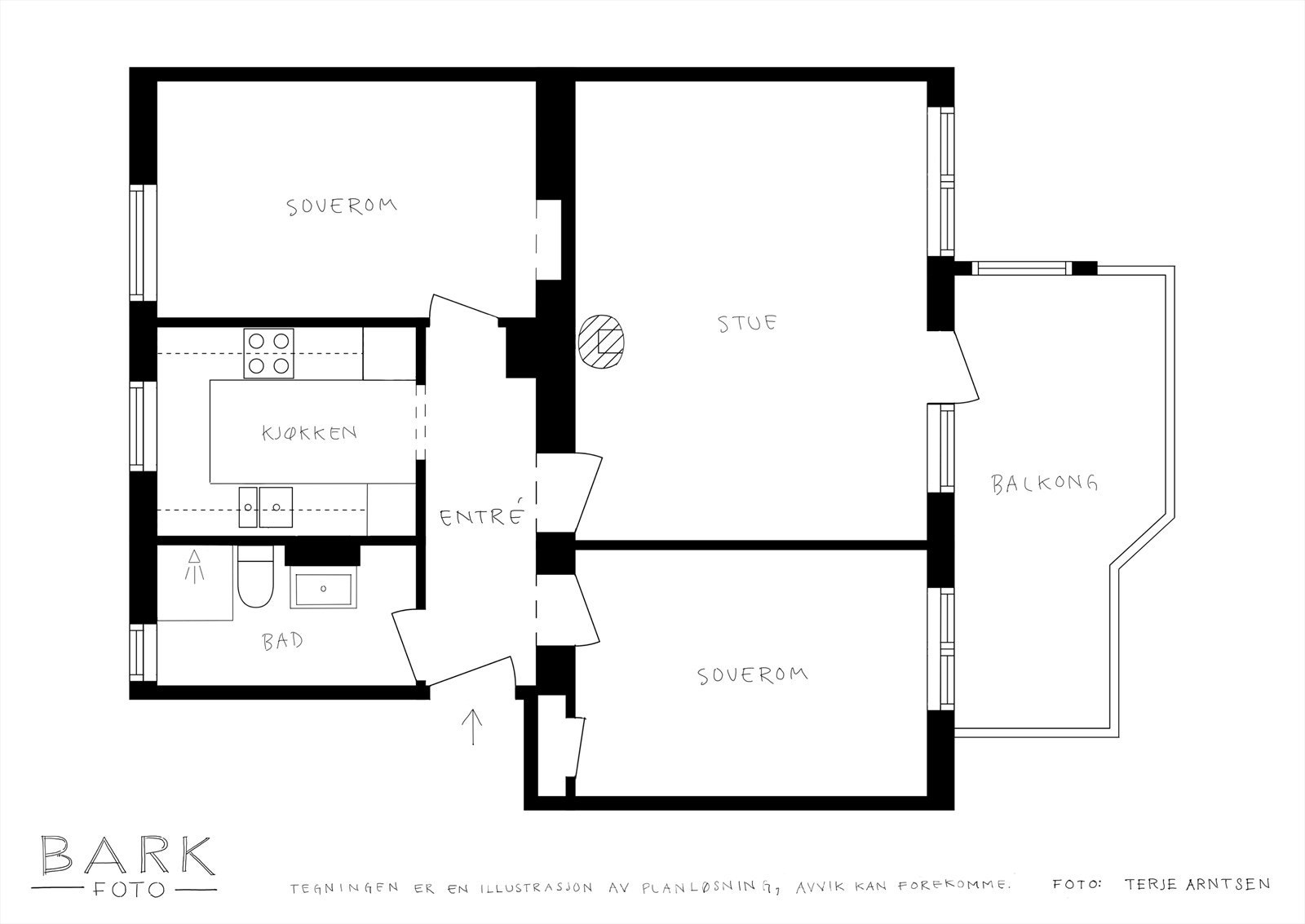 Plantegning. Leiligheten disponerer i tillegg tre eksterne boder. To kjellerboder og en loftsbod. Galleribilde