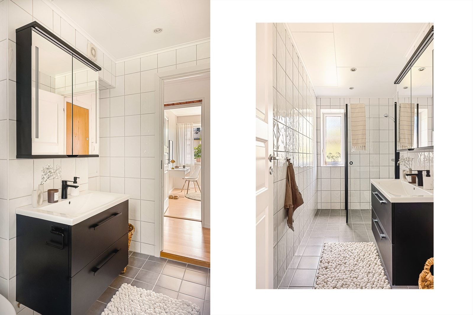 Pent helfliset bad som måler 4,3 kvm. Badet har opplegg for vaskemaskin, til høyre for vask/servant. Galleribilde
