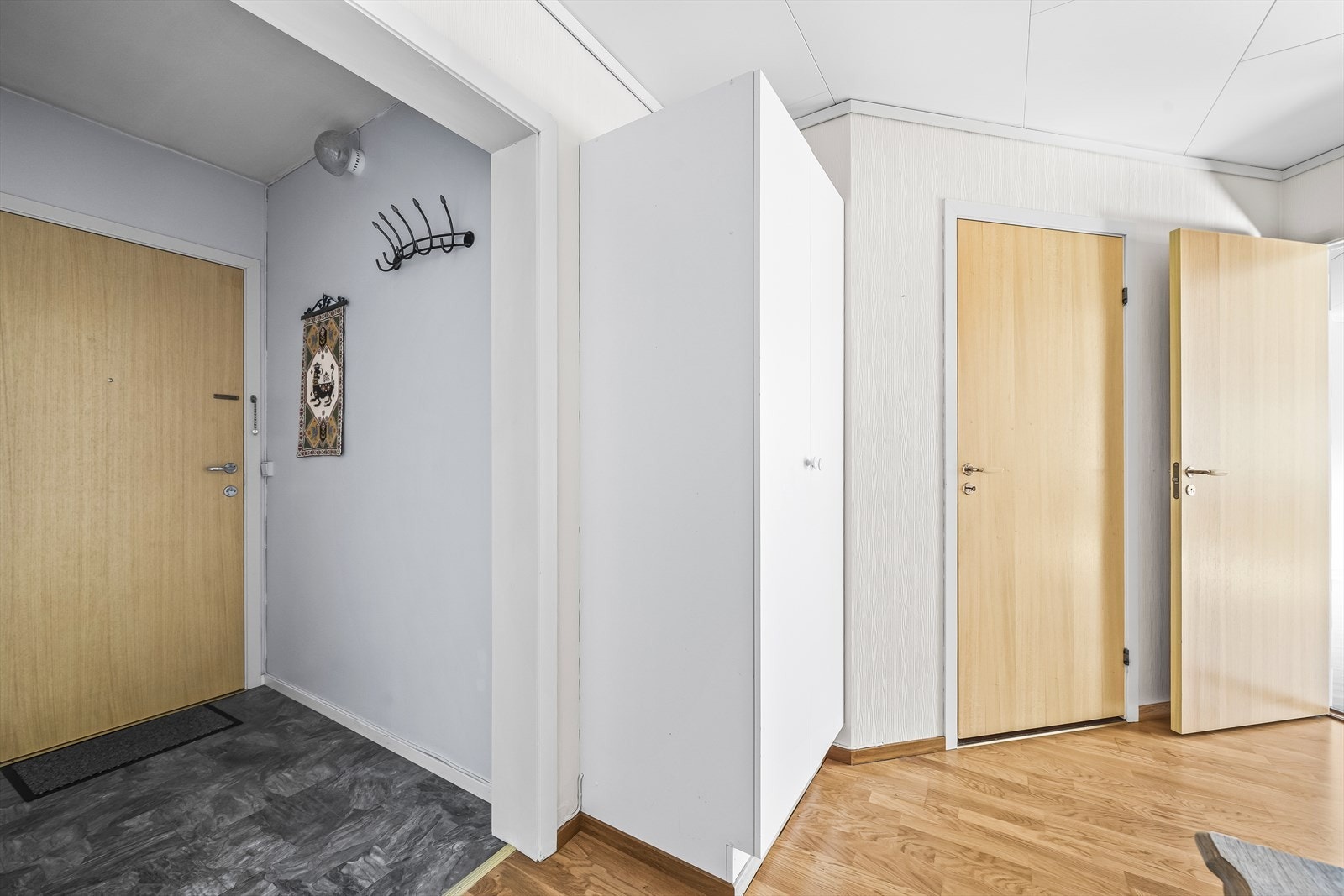 Avkledningsplass i gang med inngang til en praktisk bod. Galleribilde