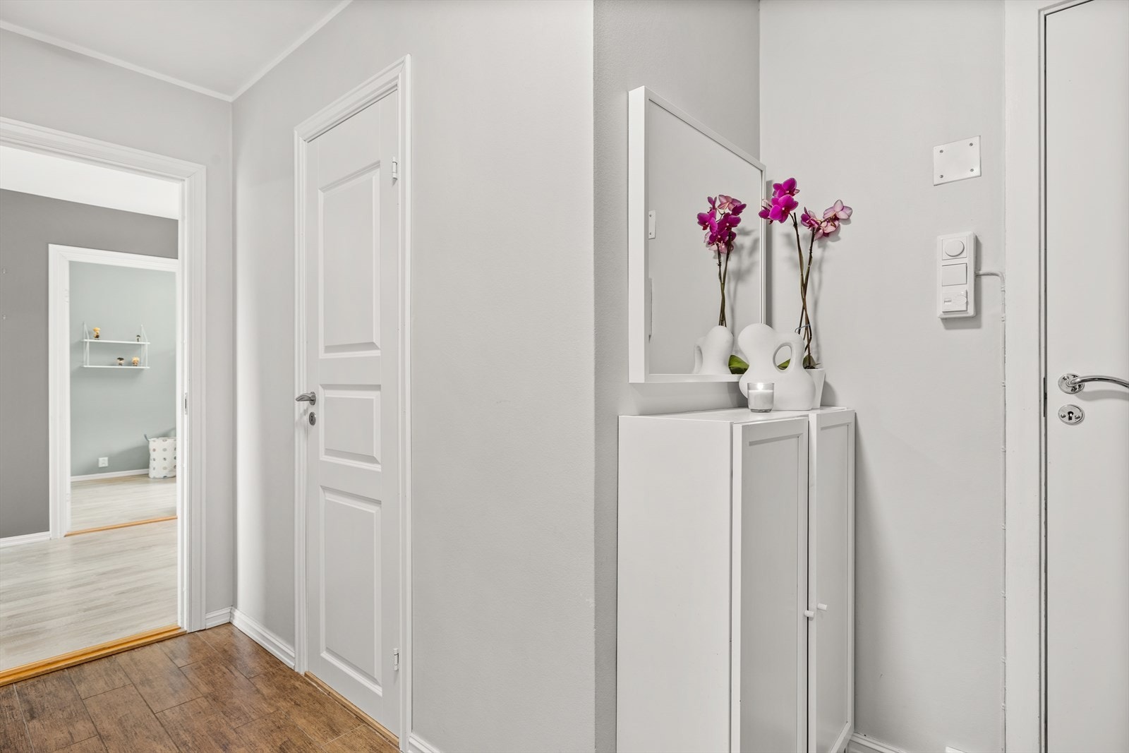 Entrè med direkte adkomst til bad. Det er fin plass til oppbevaring av sko og yttertøy i entrè Galleribilde