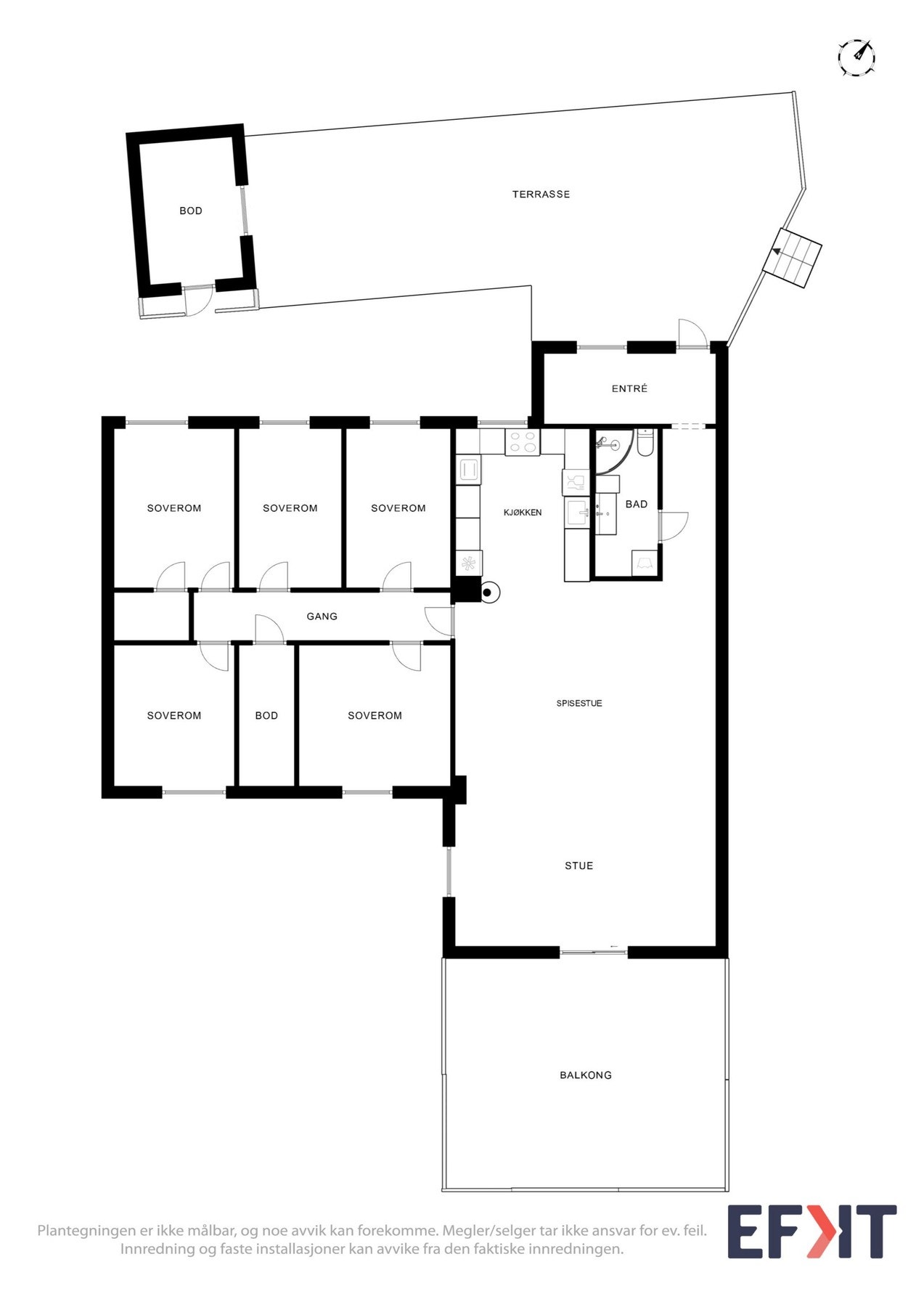 Plantegning. Smart og familievennlig løsning- alt på ett plan med 4, inntil 5, soverom. 1 er godkjent som bod. Galleribilde