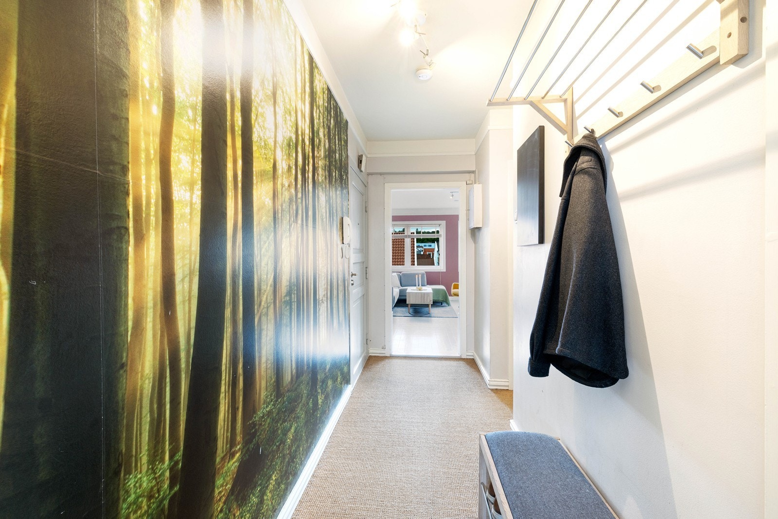 Gangen har et pent teppegulv og god plass til å henge fra seg. Legg også merke til naturtapet. Galleribilde
