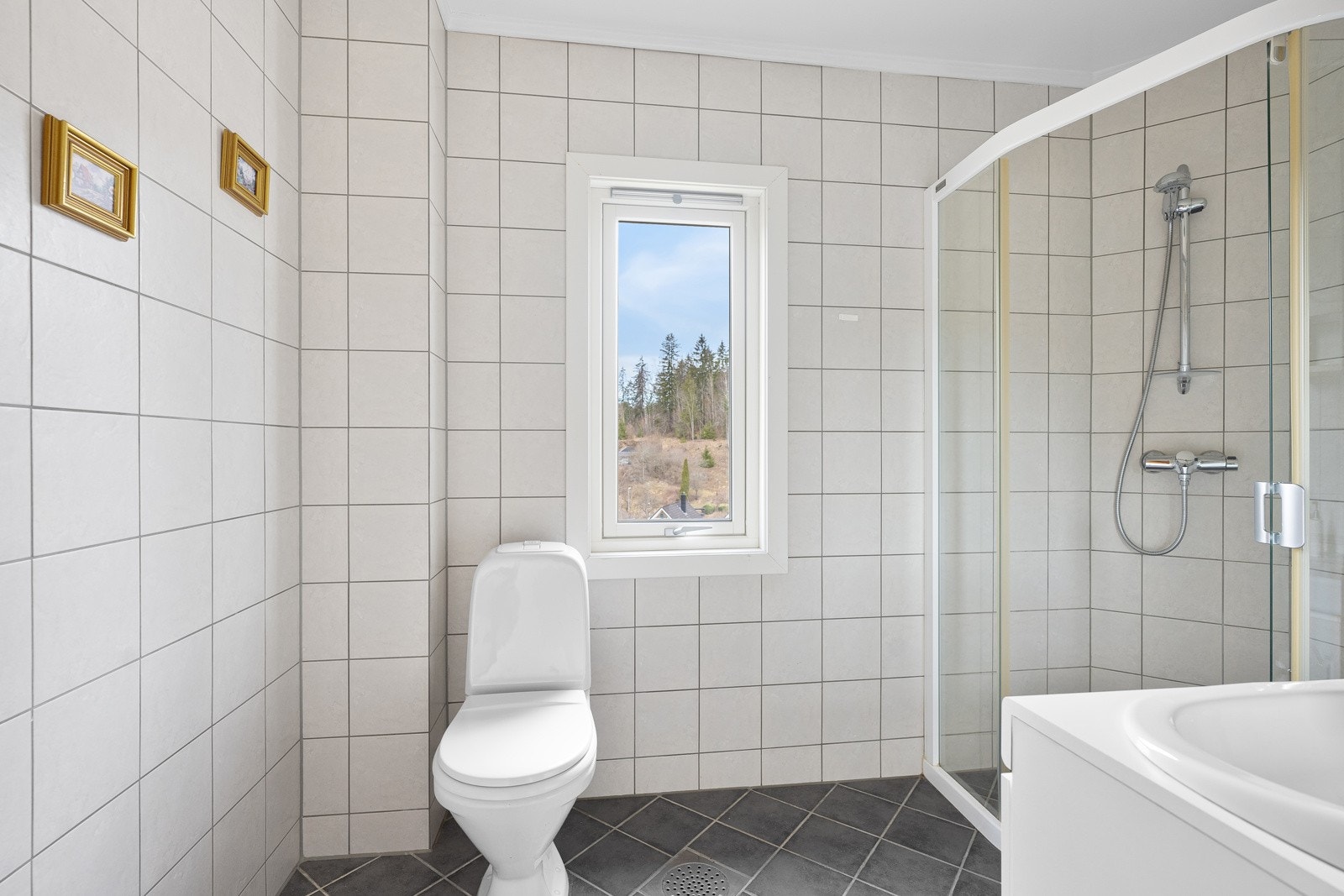 Badet er innredet med toalett, dusjhjørne og servant i innredning. Galleribilde