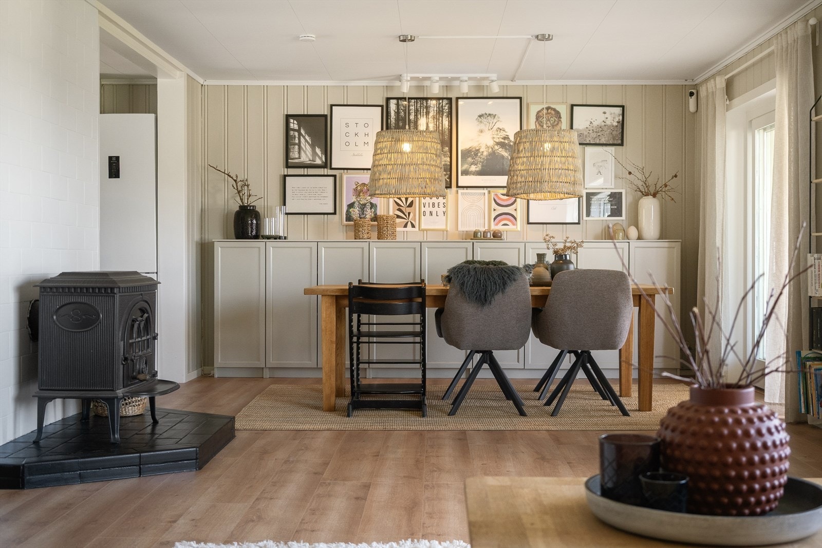 Praktisk vedovn på stue. Galleribilde