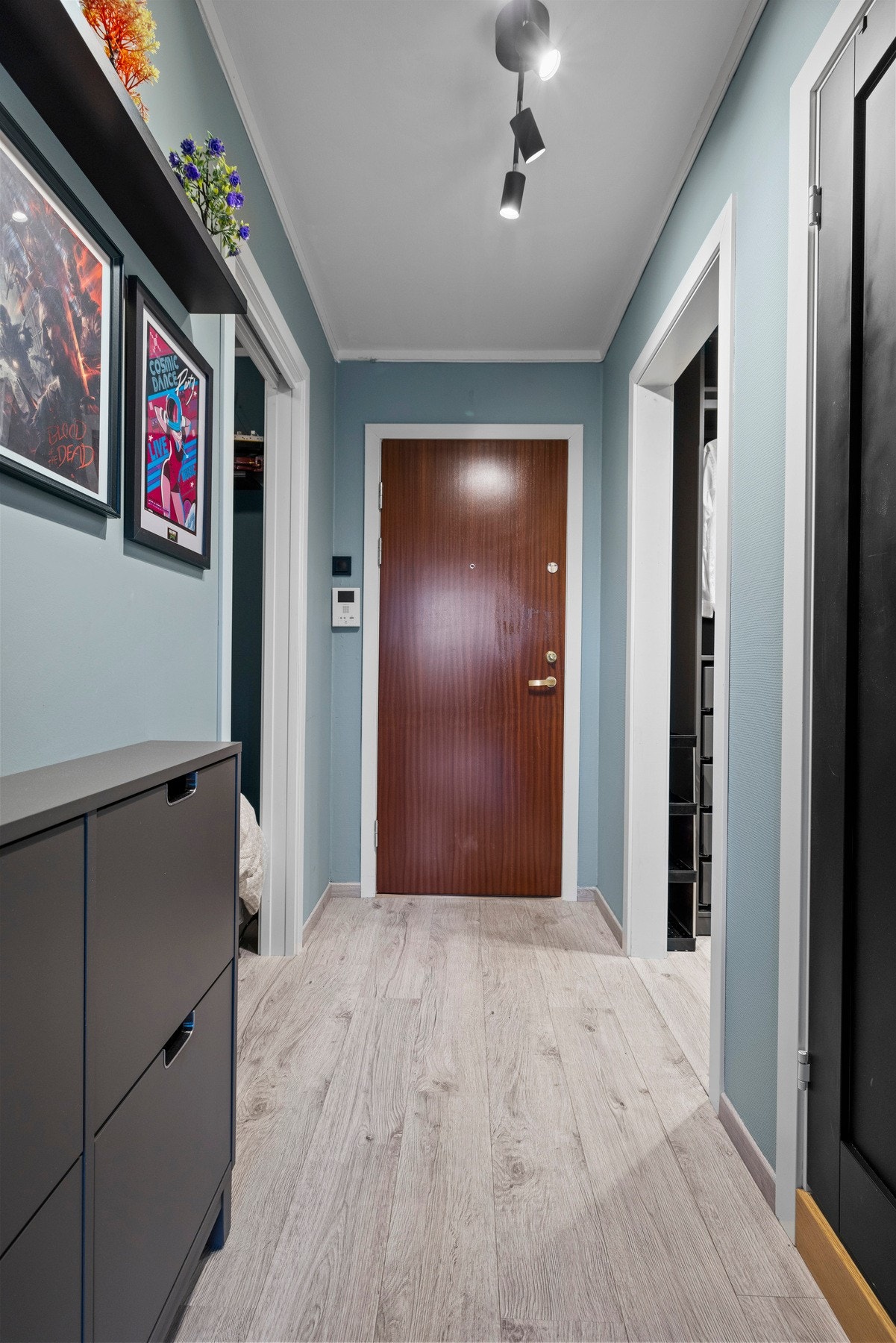 Veggene i entreen er malt i en stilig grønntone Galleribilde