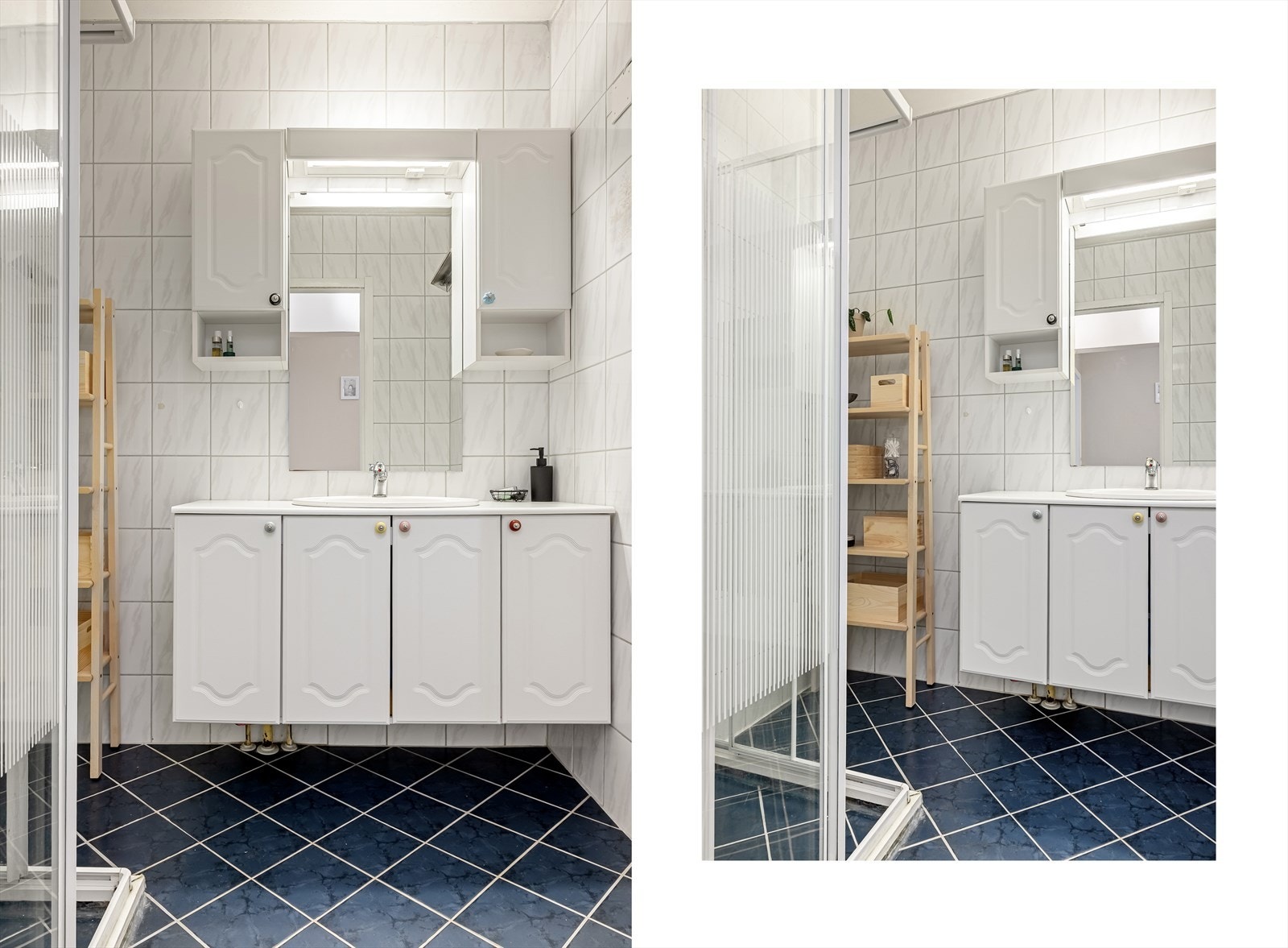 Badet inneholder helstøpt servant, skap under servant med profilerte fronter og dusjdører i klart glass Galleribilde