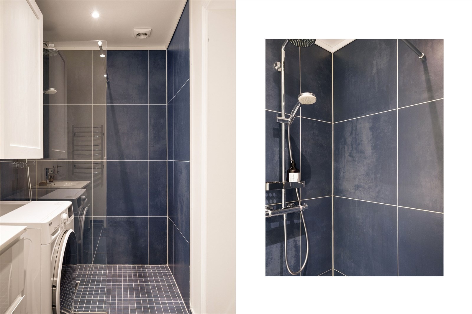 Badet er innredet med romslig dusjhjørne med glassvegg, vegghengt toalett, servant med skuffer og opplegg for vaskemaskin. Det er avtrekk med elektrisk vifte og tilluft via spalte under dør. Galleribilde