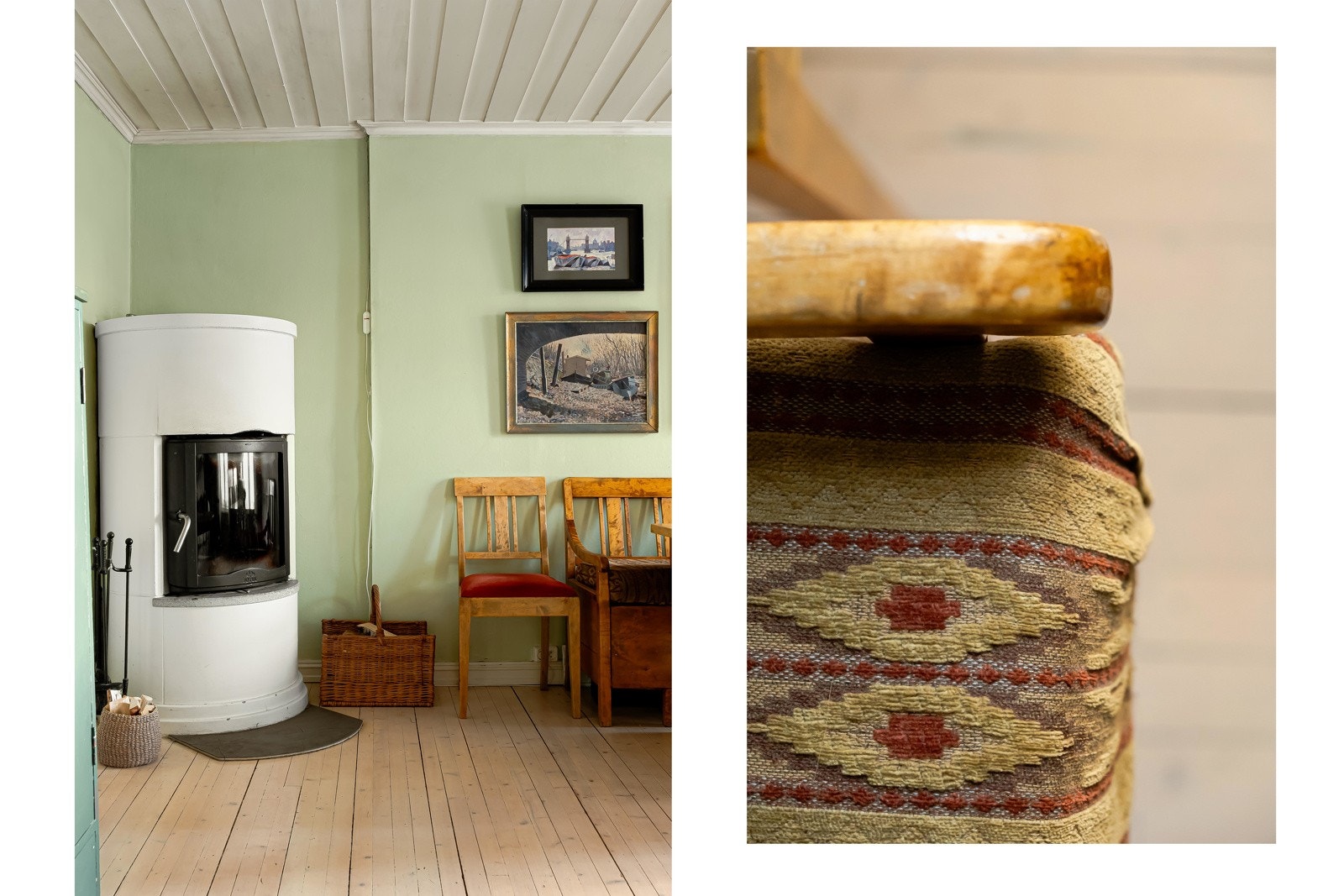 En god peisovn i hjørnet sørger for fin varme på vinteren. Og så klinker vi til med et nærbilde av en gammel stol i samme slengen vi da. Galleribilde