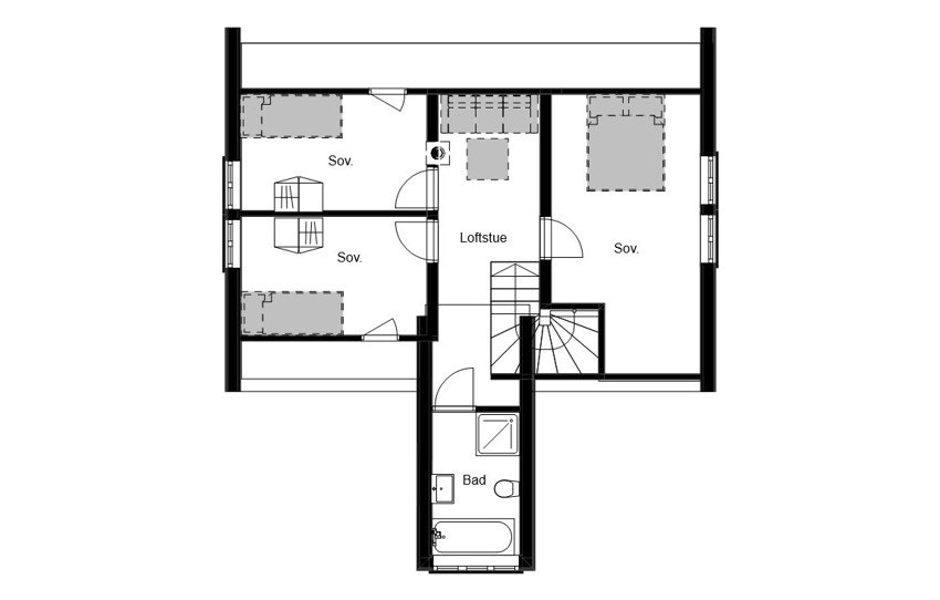 Plantegning 2. etasje med tre gode soverom, bad og en liten loftstue Galleribilde