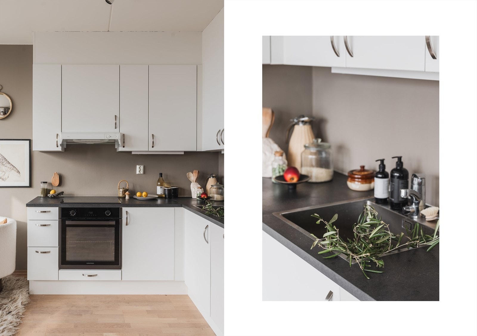 Kjøkkenet ligger i åpen løsning mot stue og fremstår moderne og funksjonelt. Hvite, glatte fronter og mørk benkeplate gir et stilrent uttrykk. Galleribilde