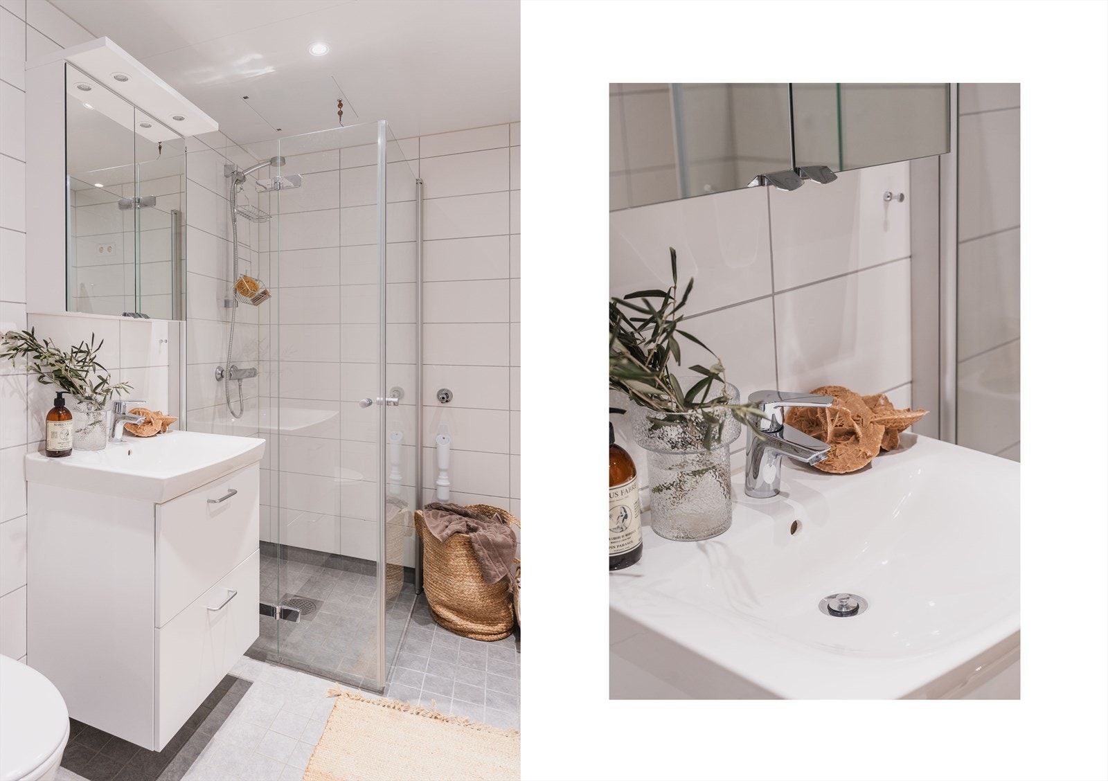 Varmekabler i gulvet sørger for komfort året rundt. Badet er prefabrikert og holder høy teknisk standard. Innredningen er praktisk og plassbesparende Galleribilde