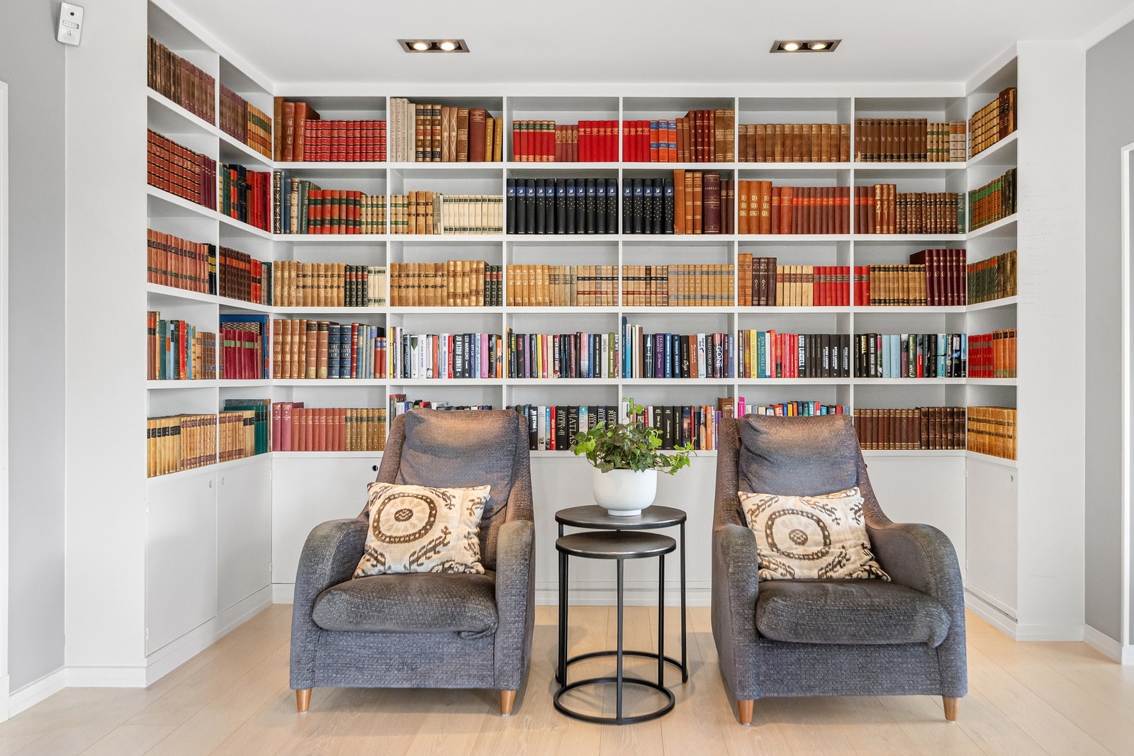 Koselig sofagruppe, en lesekrok med plassbygde bokhyller og skap. Galleribilde