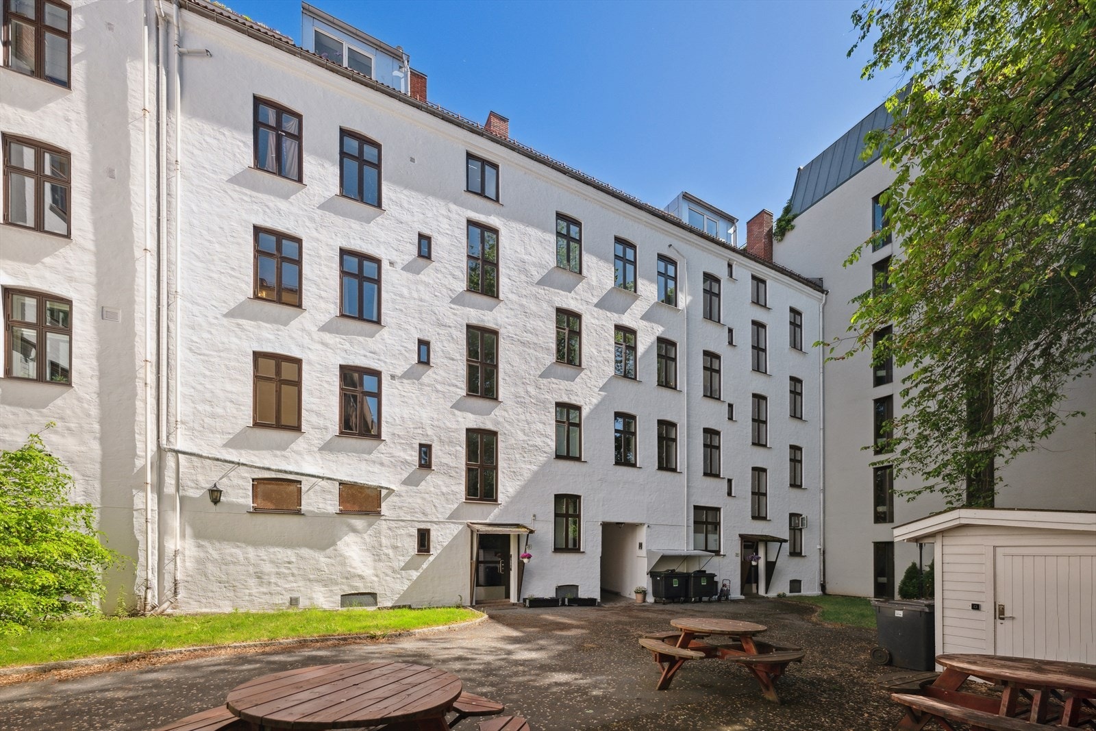 Stille og hyggelig bakgård med sitteplasser og diverse beplantning. Galleribilde